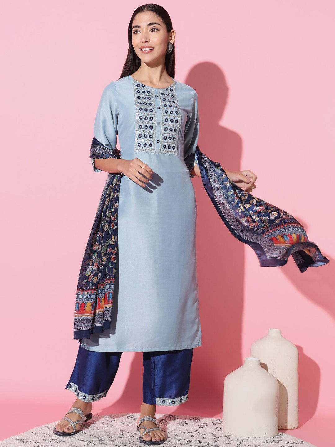 

THE52 Floral Yoke Design Round Neck Sequinned Straight Kurta with Trousers & Dupatta, Turquoise blue