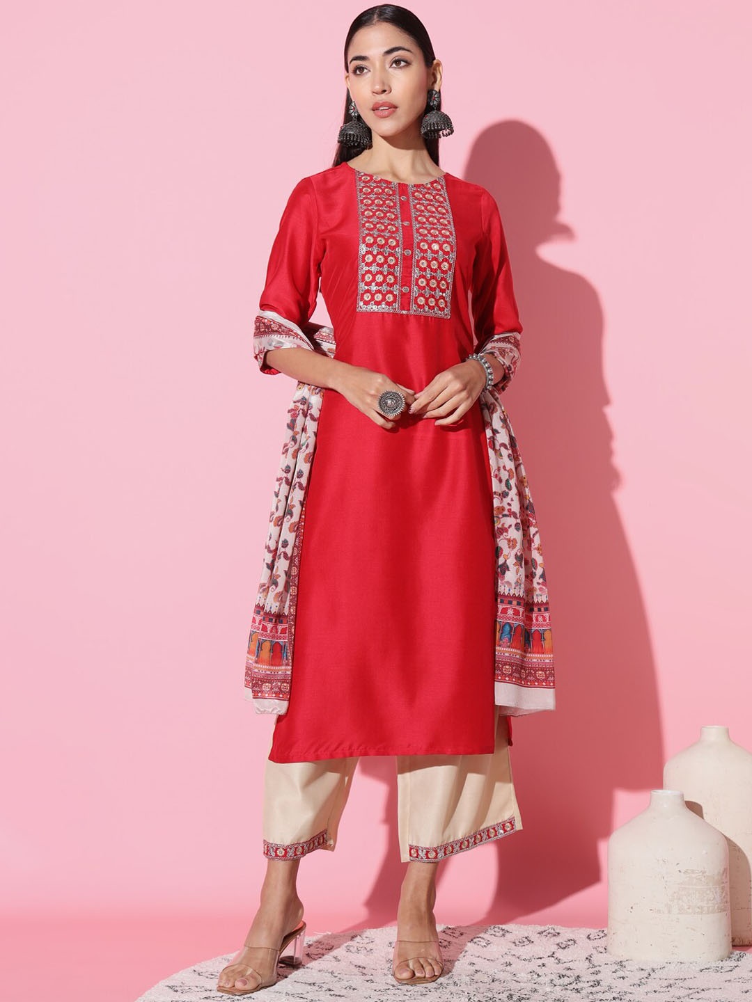 

THE52 Ethnic Motifs Embroidered Straight Kurta with Trousers & Dupatta, Red