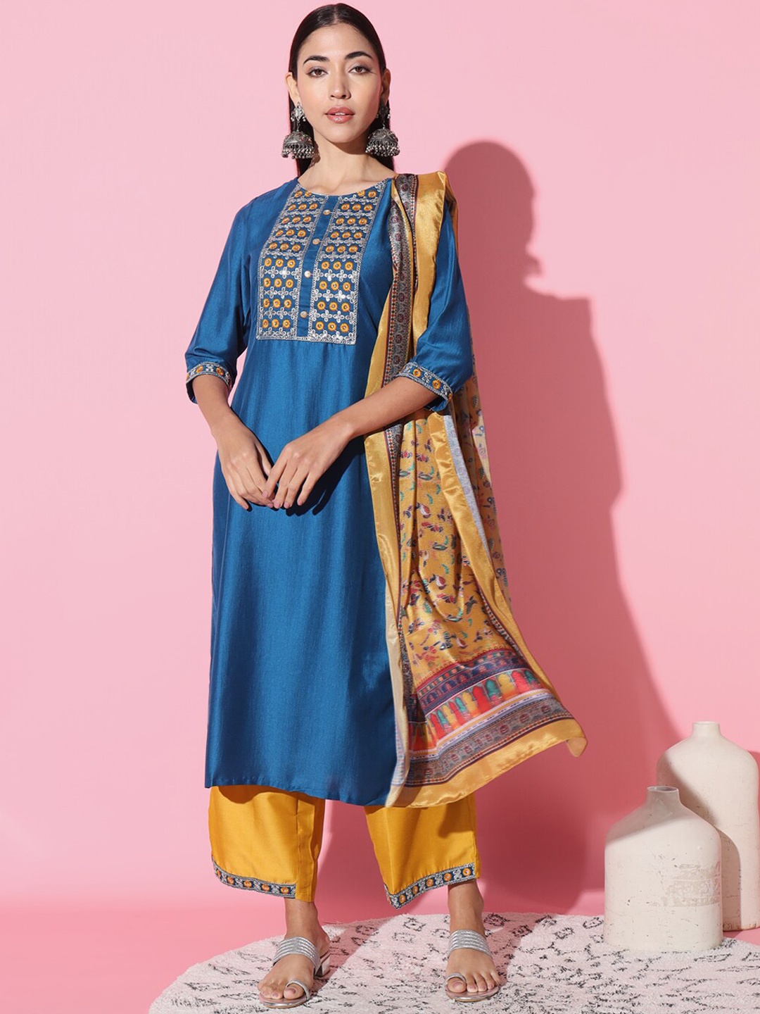 

THE52 Yoke Design Sequined Straight Kurta with Palazzos & Dupatta, Blue