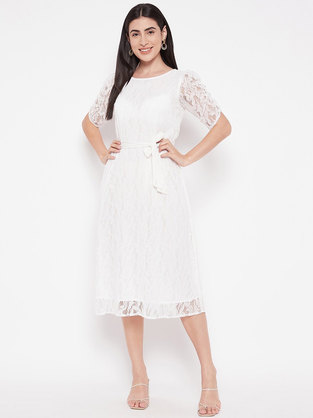 

Ruhaans Floral Self Design Round Neck Short Sleeves Net Fit & Flare Midi Dress, White