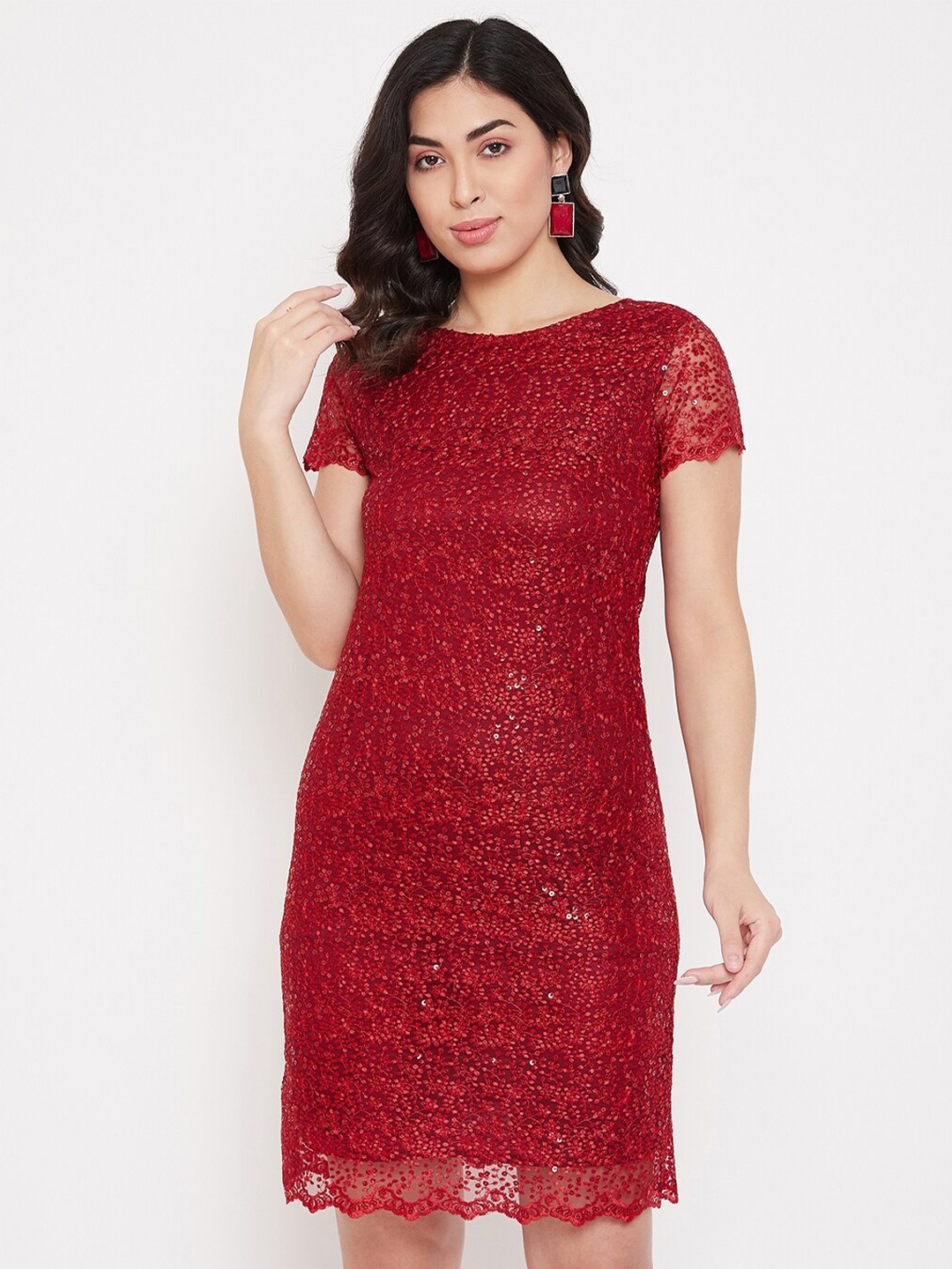 

Ruhaans Self Design Round Neck Short Sleeves Net Sheath Dress, Red