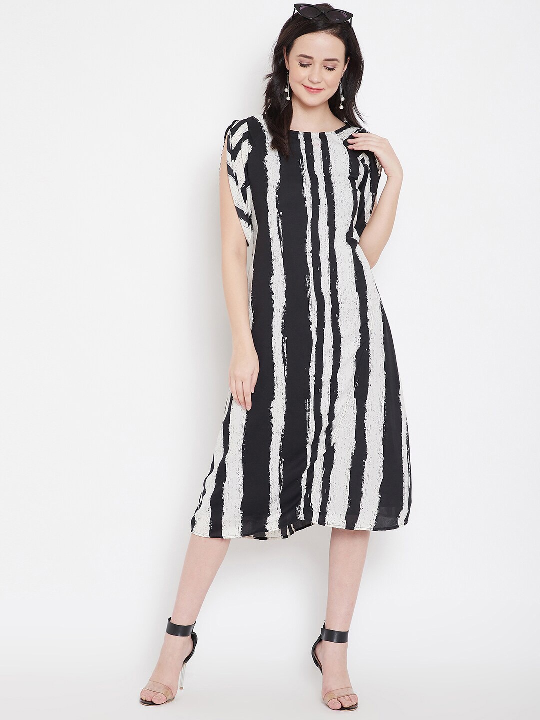 

Ruhaans Striped Round Neck Georgette A-Line Dress, Black