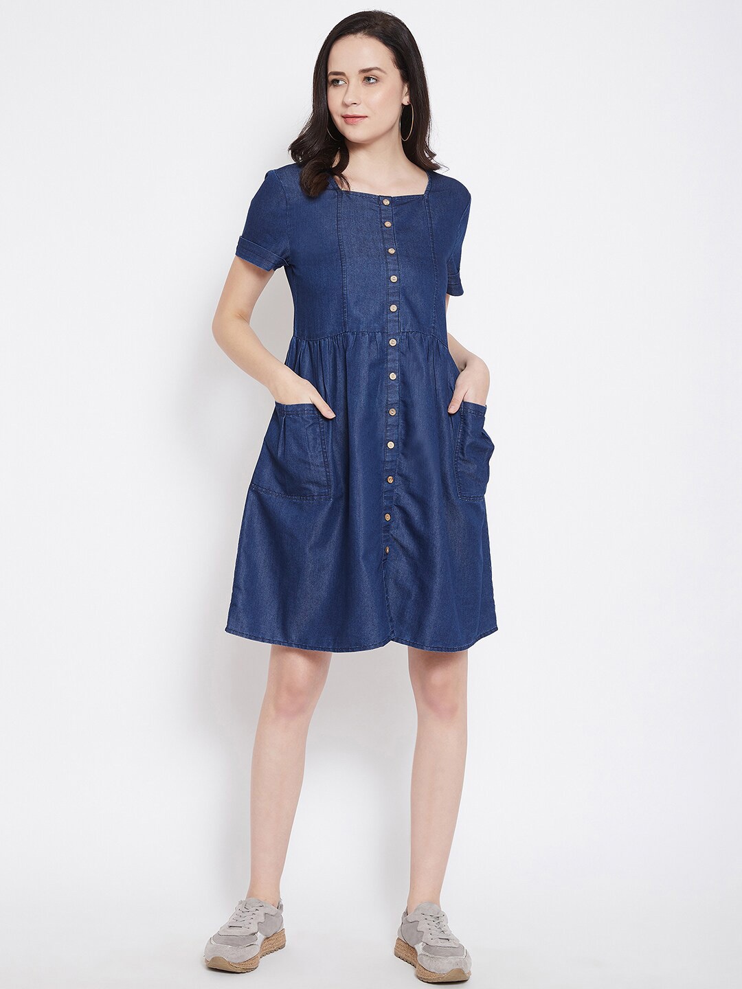 

Ruhaans Square neck Short Sleeves Denim A-Line Dress, Blue