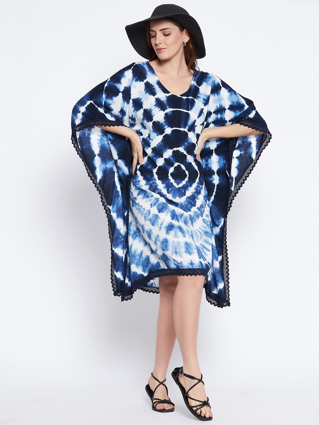 

Ruhaans Tie and Dye Print V Neck Flared Sleeves Kaftan Midi Dress, Blue