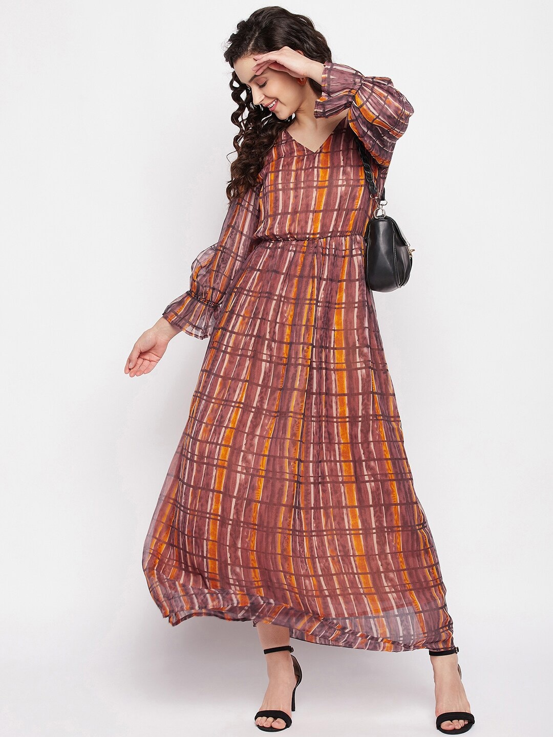 

Ruhaans Checked Print V Neck Puff Sleeve Chiffon Maxi Dress, Brown