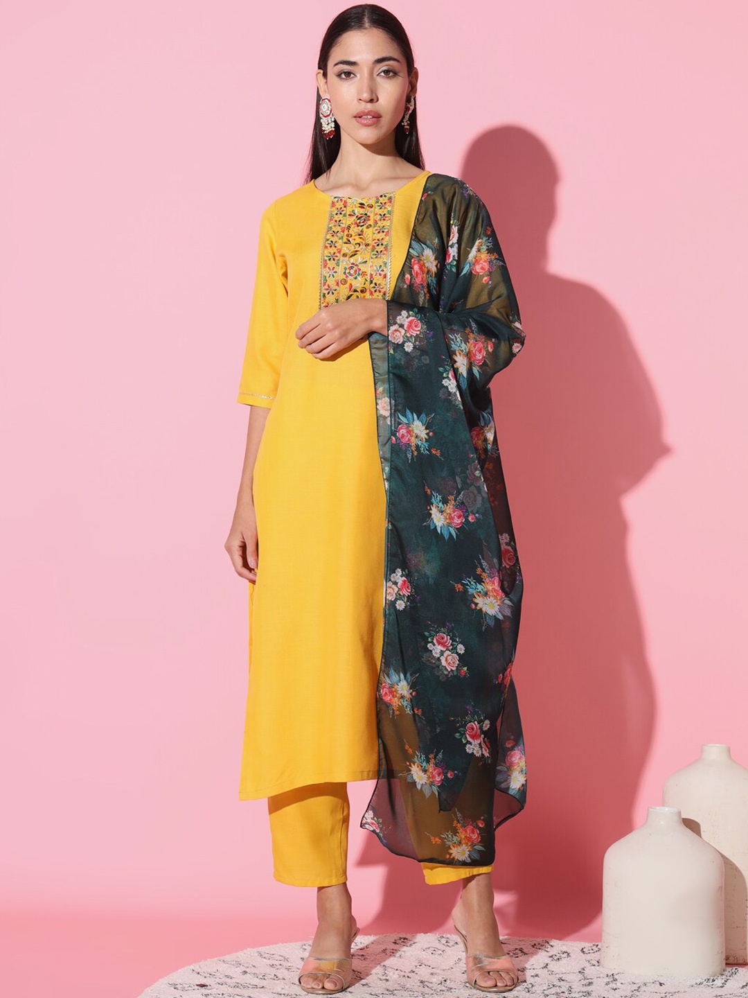 

THE52 Floral Yoke Design Round Neck Sequinned Straight Kurta with Trousers & Dupatta, Yellow