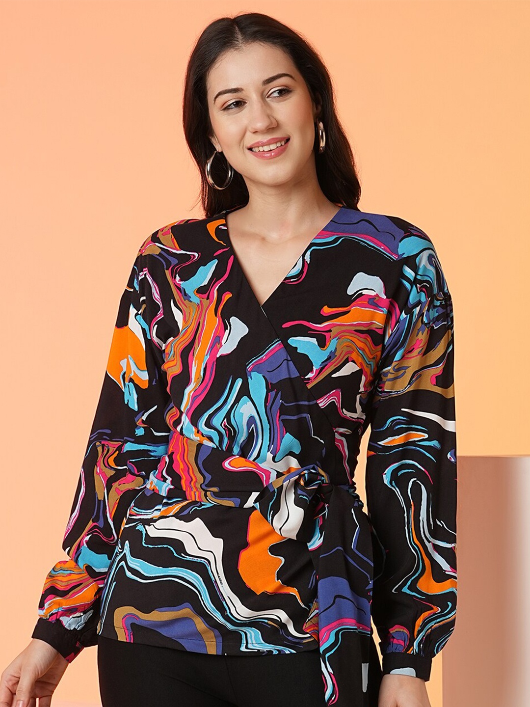 

Globus Black Abstract Printed V-Neck Wrap Top