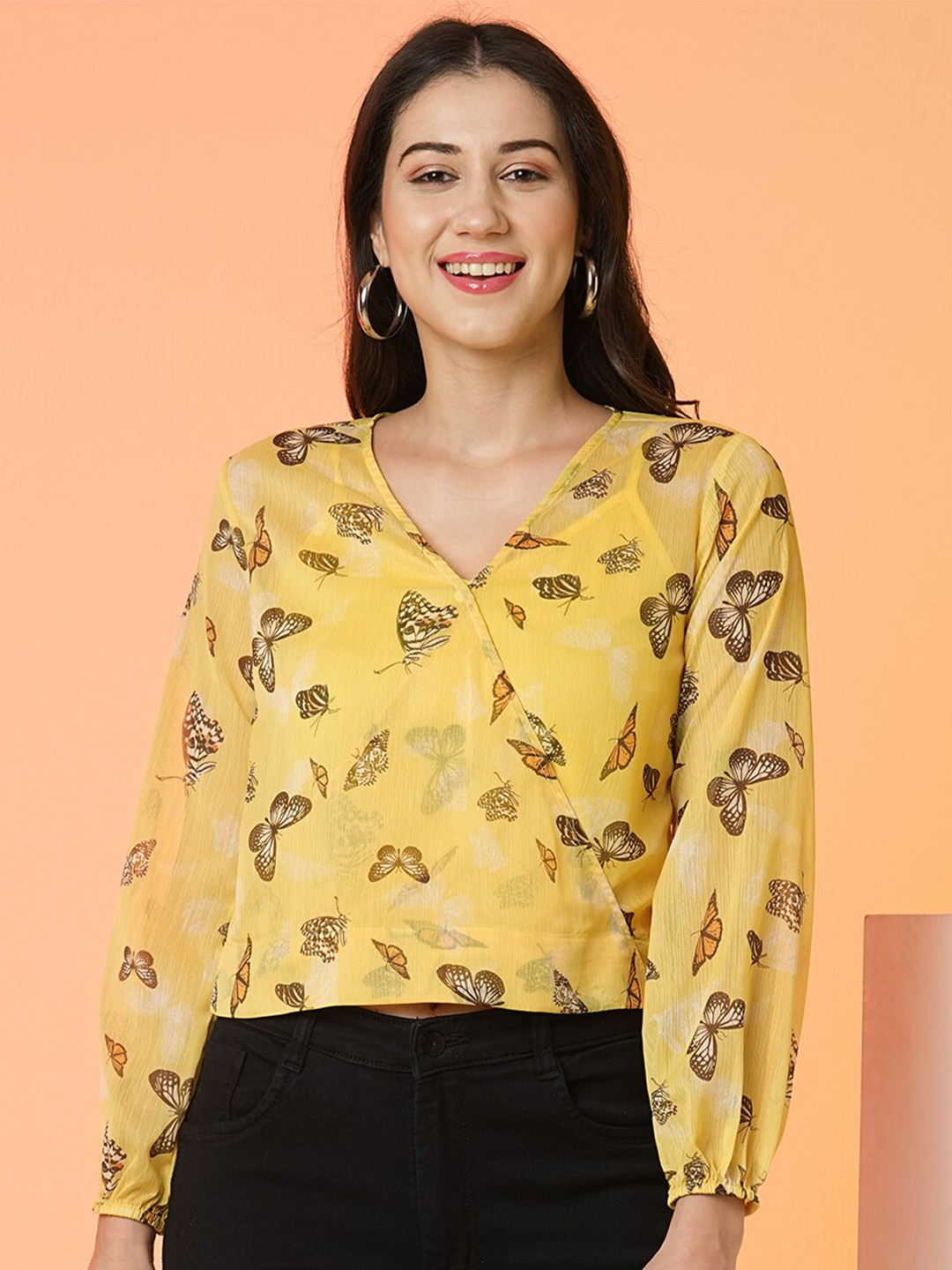 

Globus Wrap Neck Full Sleeve Top, Yellow
