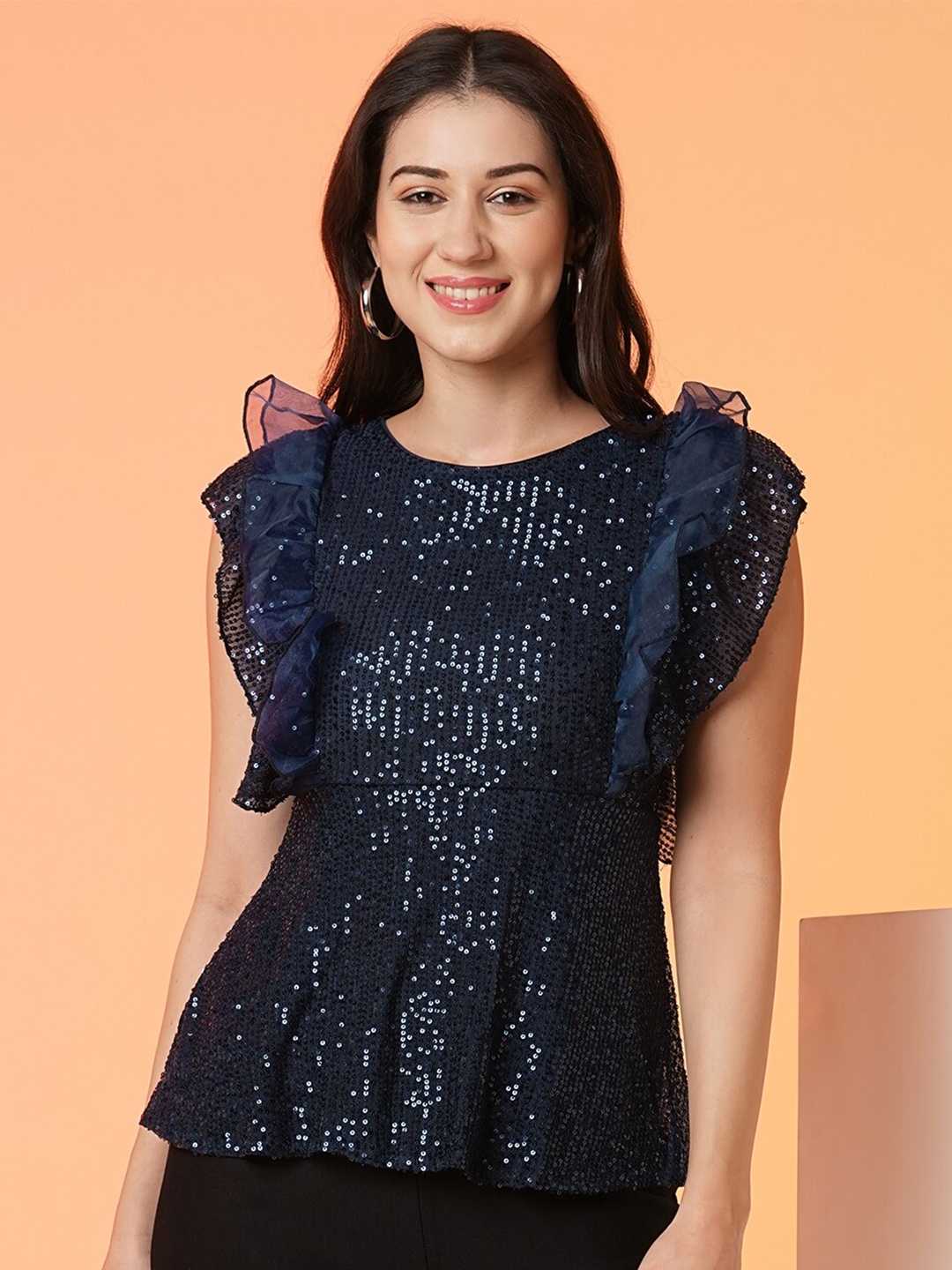 

Globus Blue Embellished Flutter Sleeve Ruffles Peplum Top