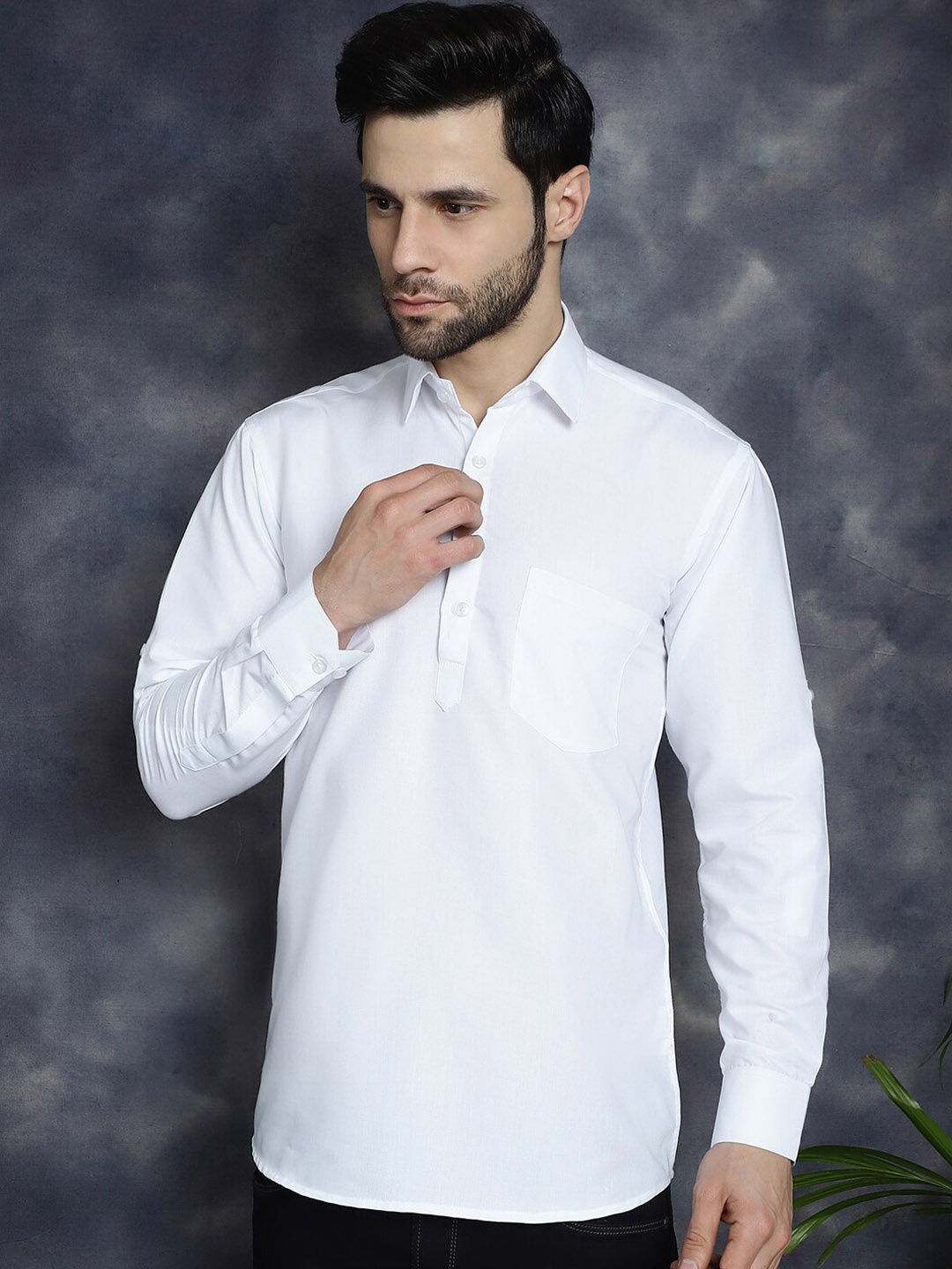 

Jompers Shirt Collar Cotton Straight Short Kurta, White
