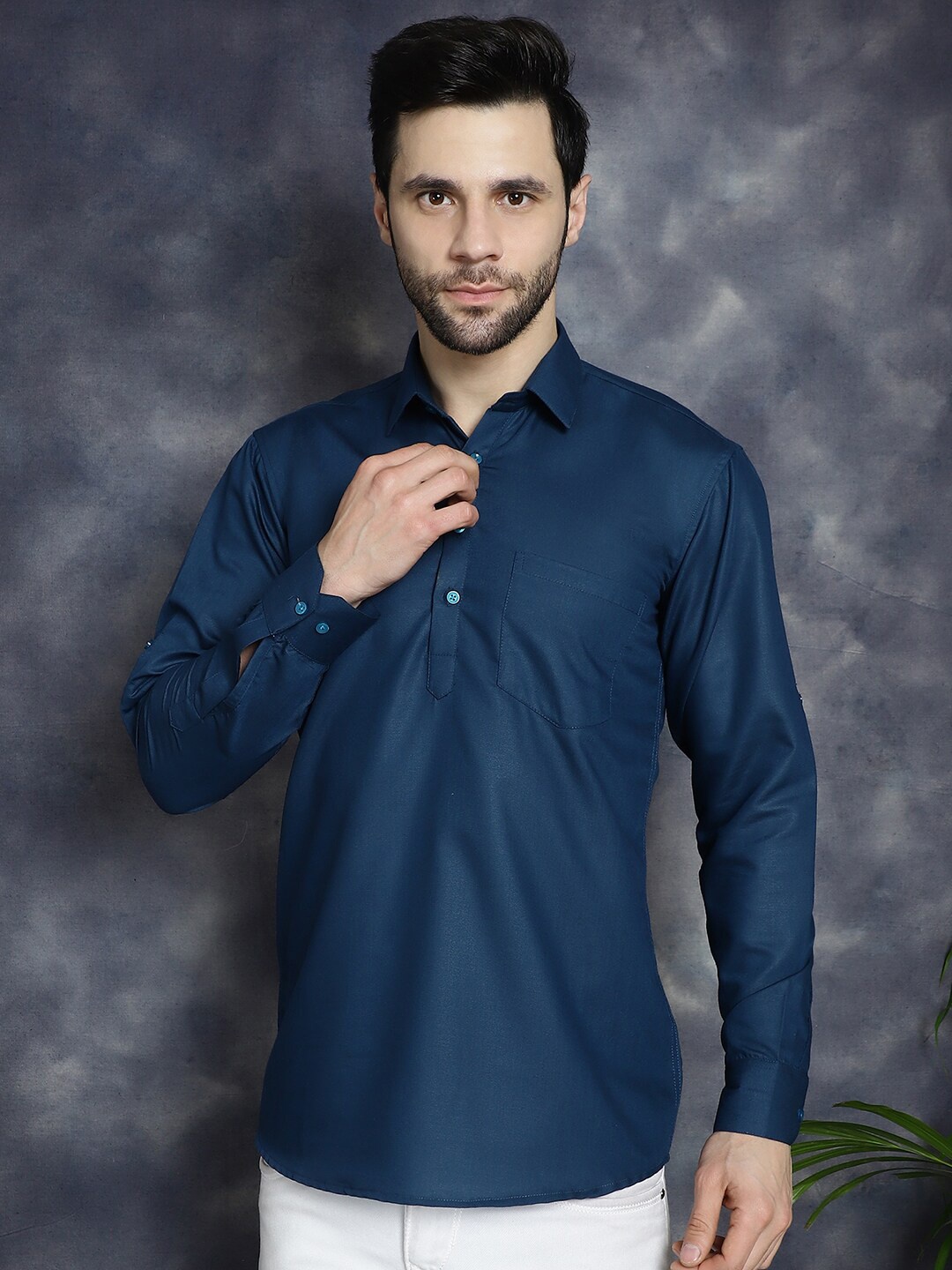 

Jompers Shirt Collar Cotton Silk Kurta, Teal