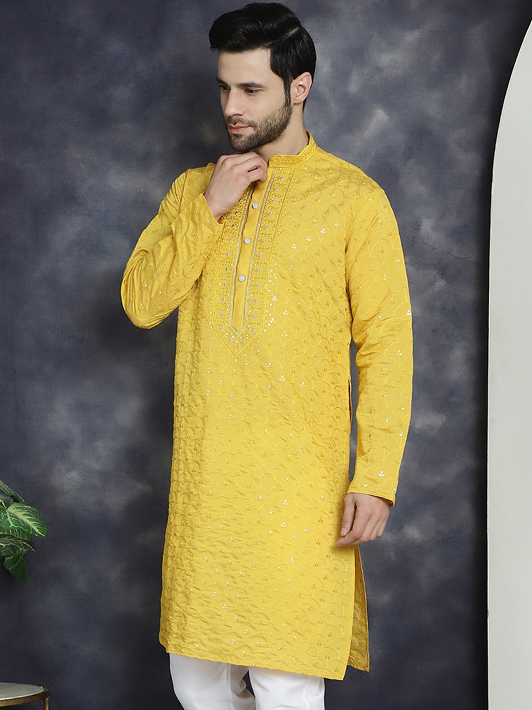 

Jompers Embroidered Thread Work Strigth Kurta, Mustard