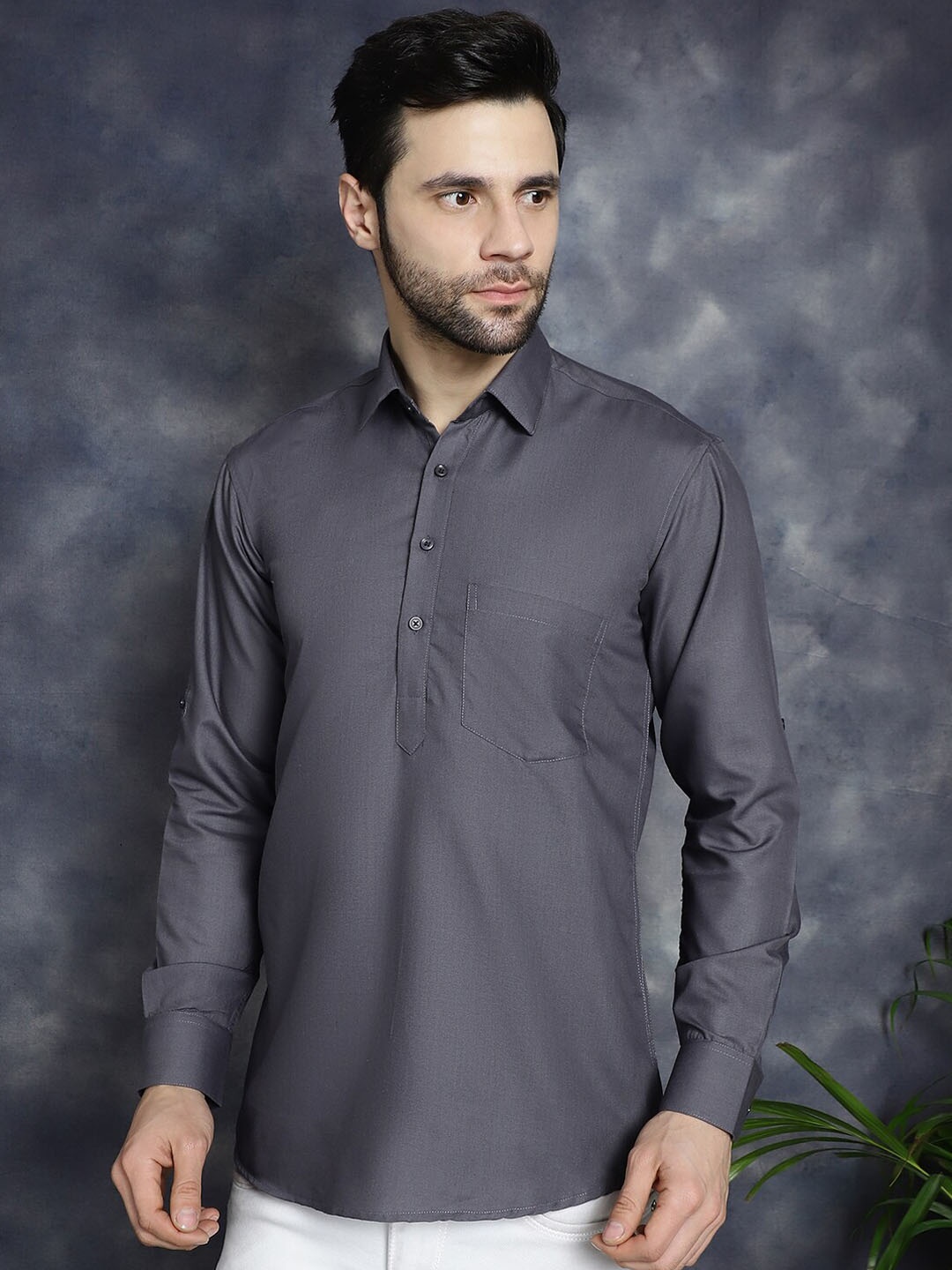 

Jompers Shirt Collar Long Sleeves Kurta, Grey