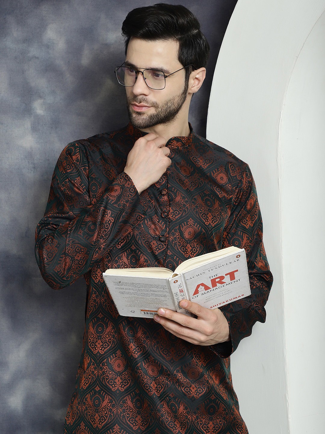 

Jompers Jacquard Straight Kurta, Black