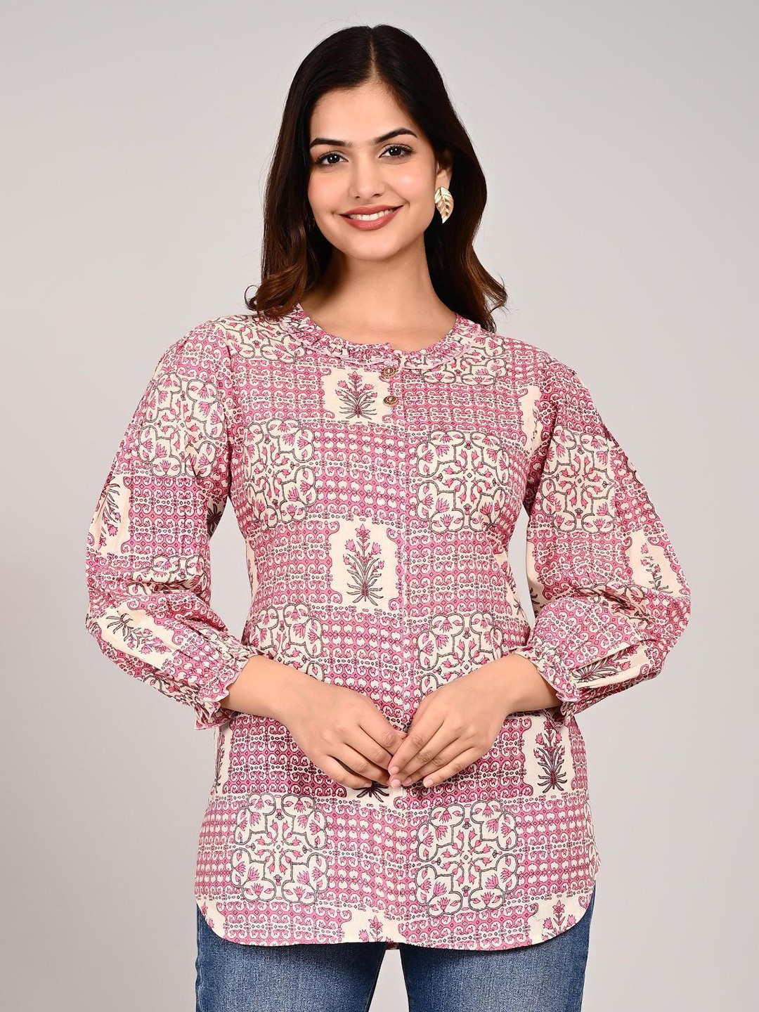 

KALINI Printed Round Neck Puff Sleeve Cotton Top, Pink