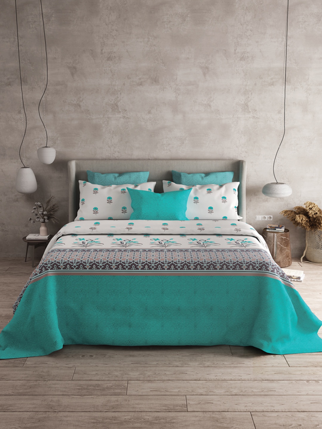 

LABHAM Turquoise Blue Ethnic Motifs Cotton 120 TC King Bedsheet with 2 Pillow Covers