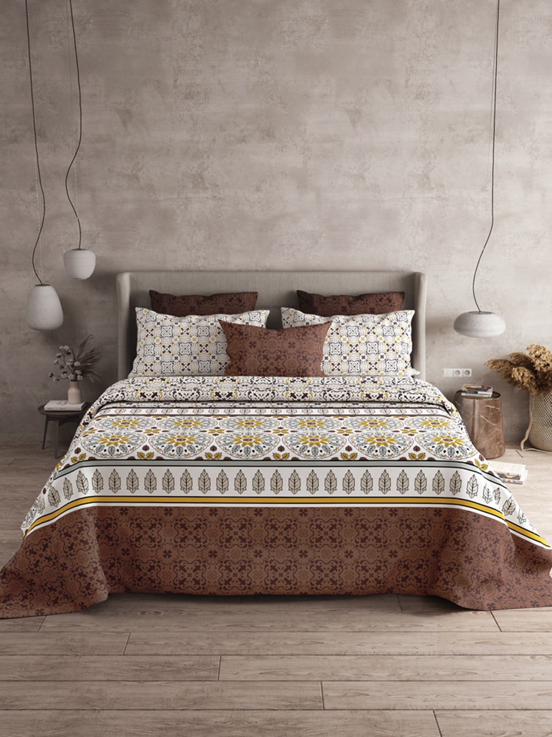 

LABHAM Brown & White Ethnic Motifs 120 TC Cotton King Bedsheet with 2 Pillow Covers