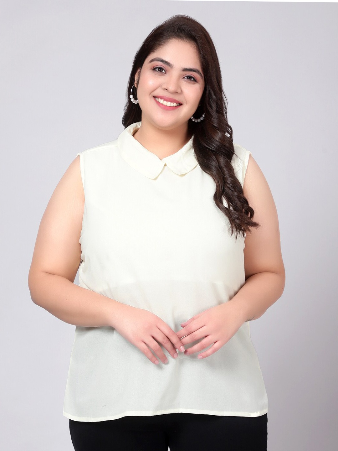 

Indietoga Plus Size Shirt Collar Sleeveless Georgette Shirt Style Top, Off white