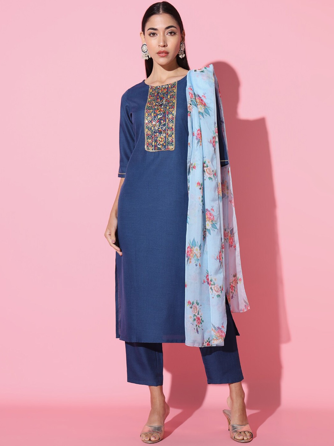 

THE52 Ethnic Motifs Embroidered Round Neck Straight Kurta with Trousers & Dupatta, Blue