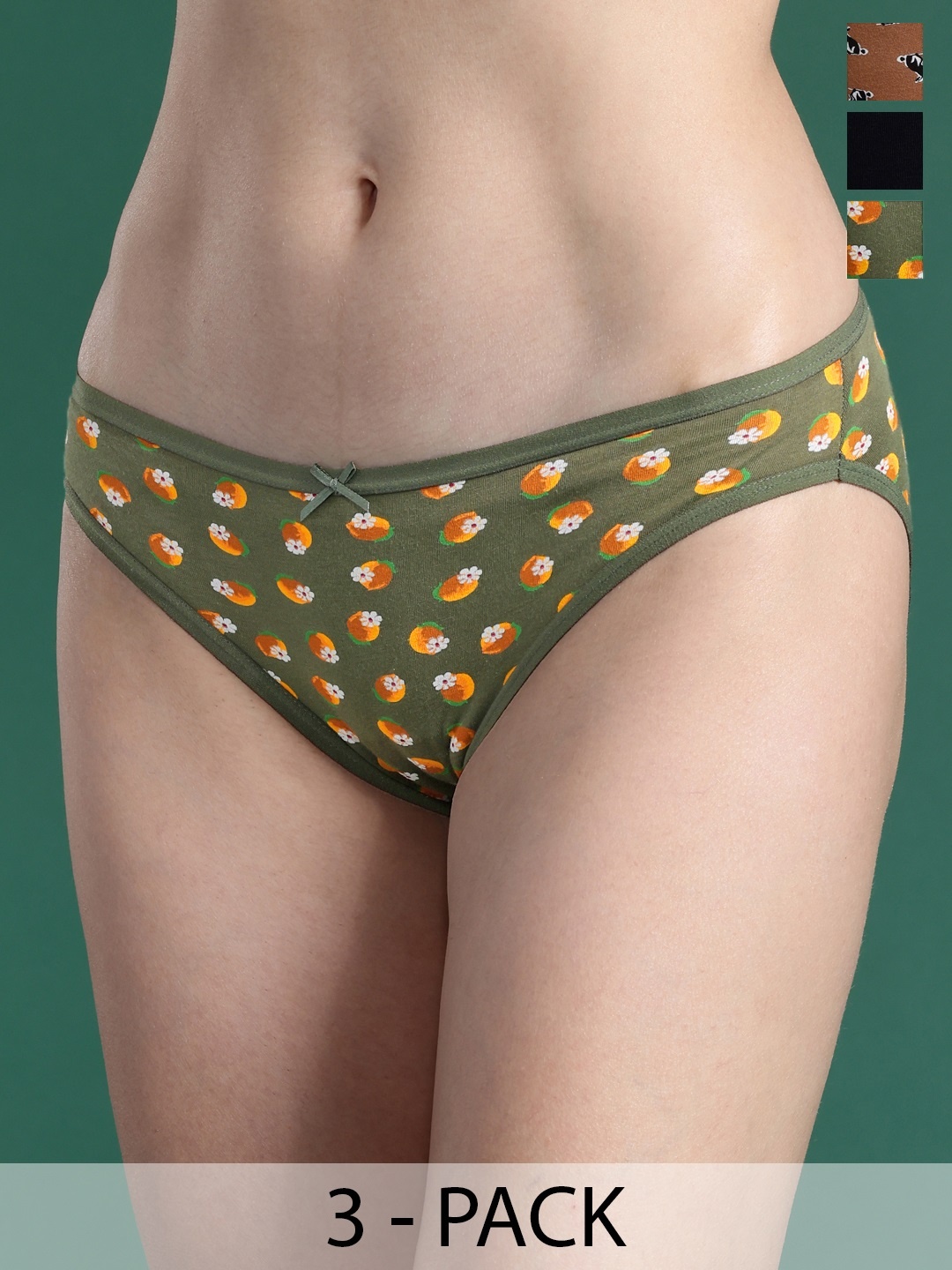 

DressBerry Pack Of 3 Printed Low-Rise Bikini Briefs, Green