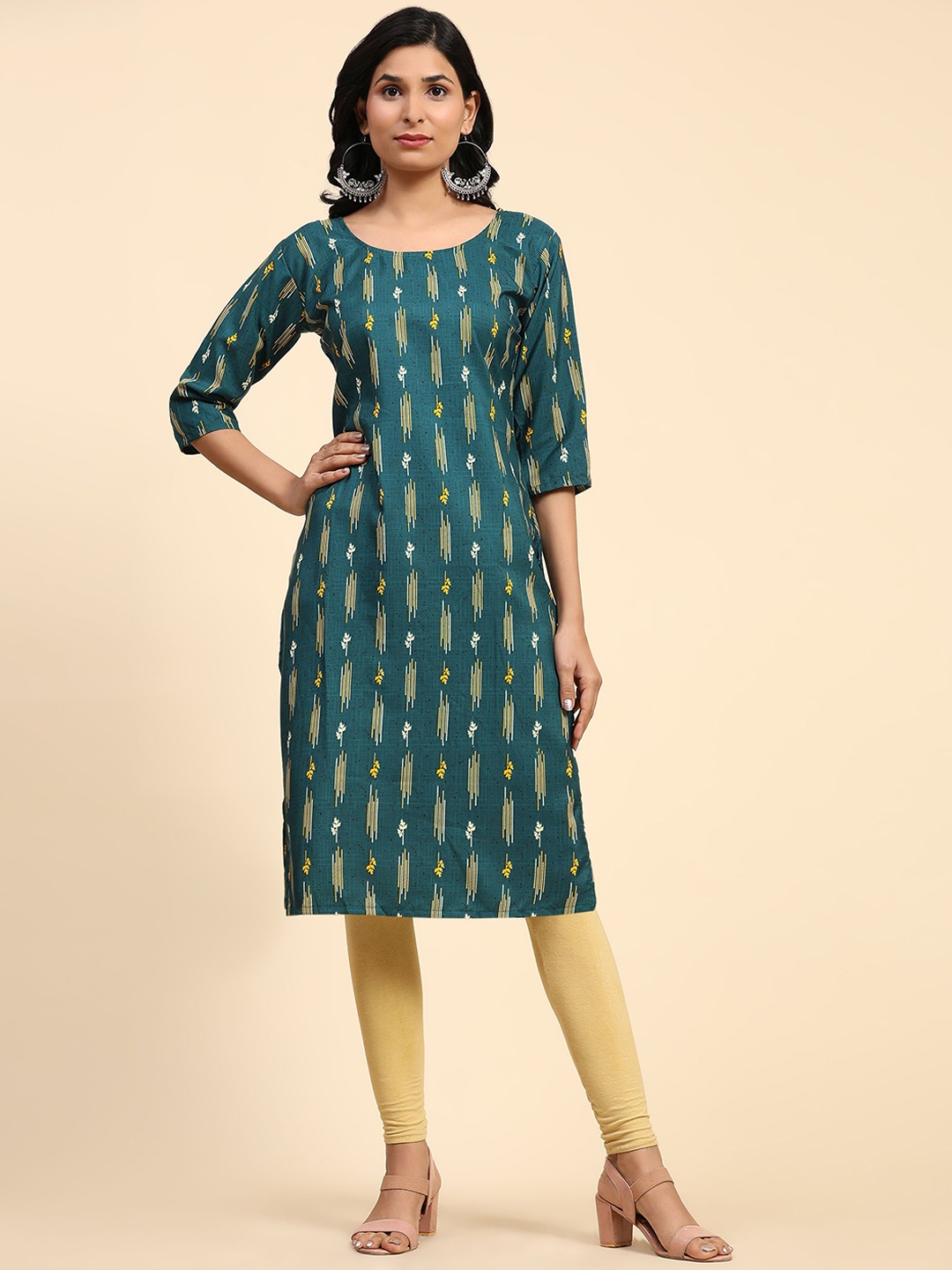 

Phenav Ethnic Motifs Printed Round Neck Straight Kurta, Green