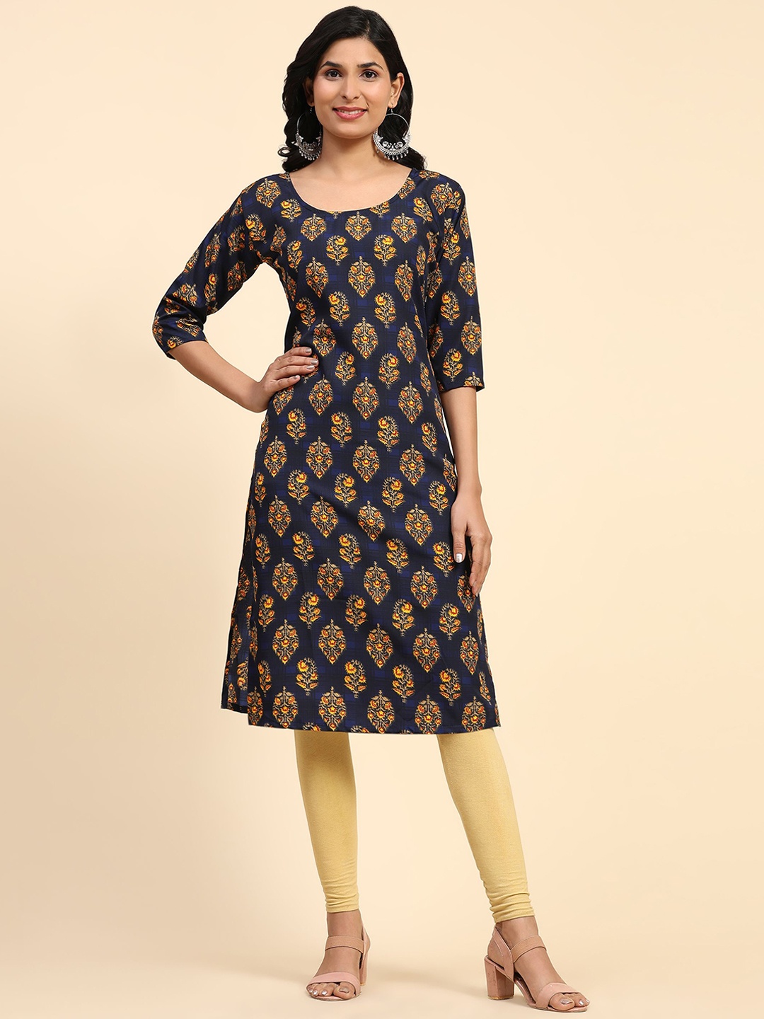 

Phenav Ethnic Motifs Printed Round Neck Straight Kurta, Navy blue