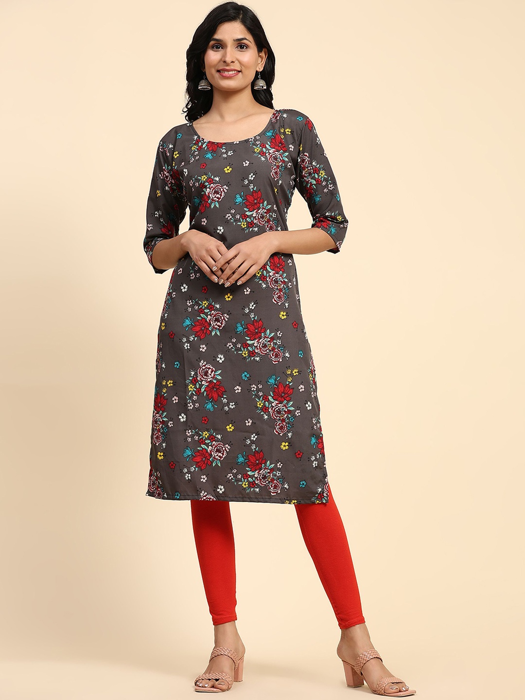 

Phenav Floral Printed Straight Crepe Kurta, Grey