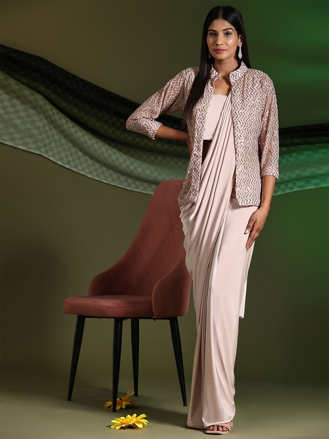 

AMOHA TRENDZ Lycra Sequinned Ready to Wear Saree, Brown