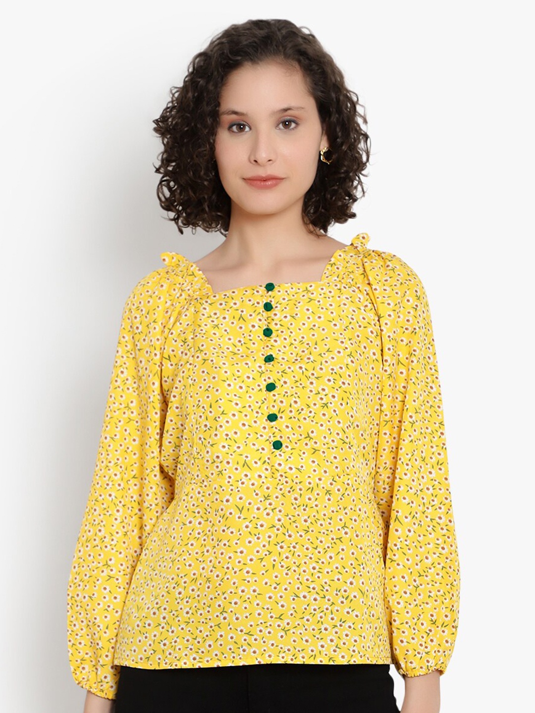 

Indietoga Floral Printed Puff Sleeves Top, Yellow