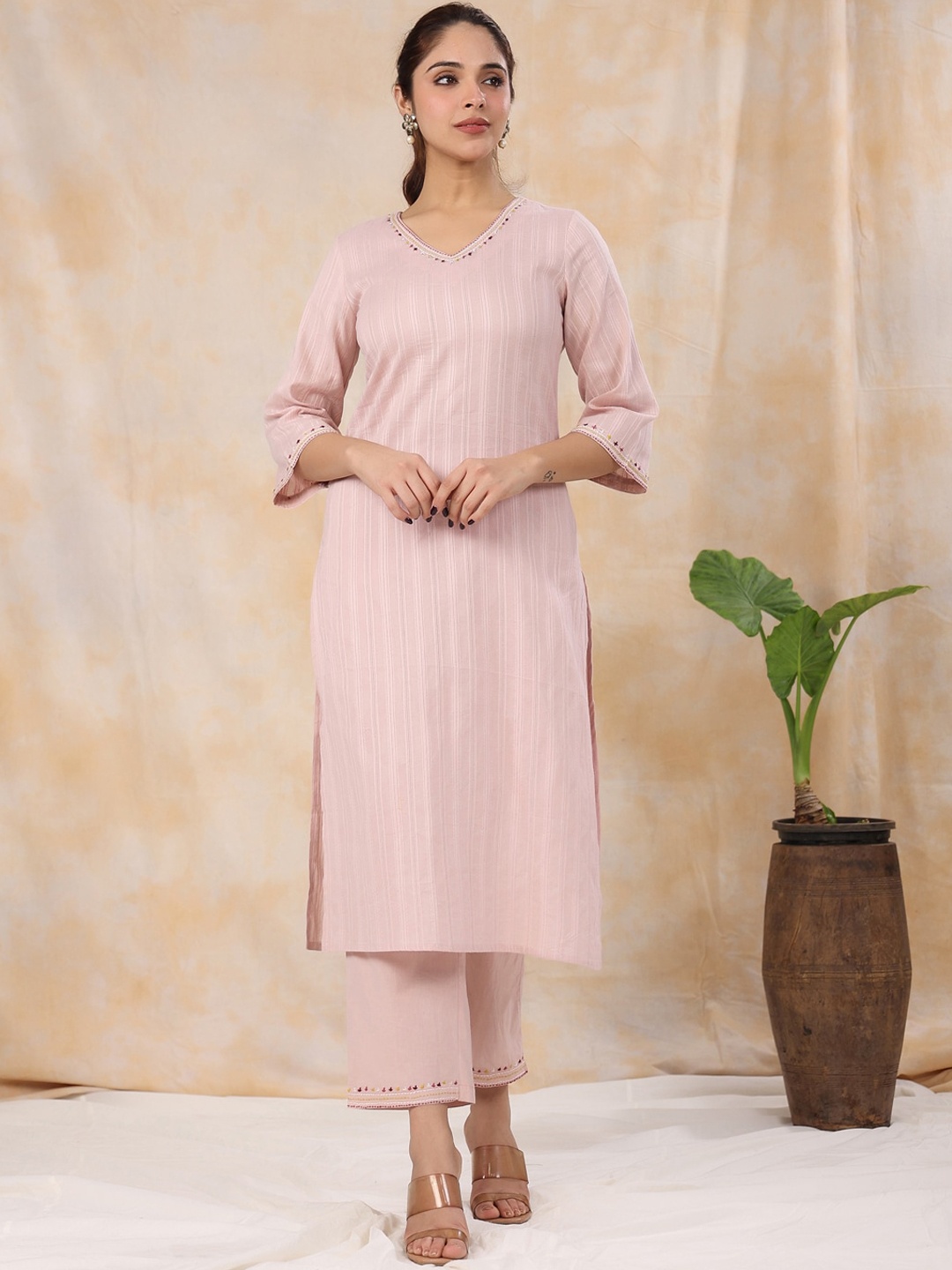 

Sangria Embroidered Pure Cotton V-Neck Kurta With Trousers, Pink