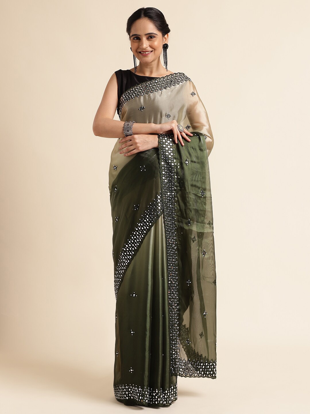 

FABMORA Floral Mirror Work Organza Saree, Green