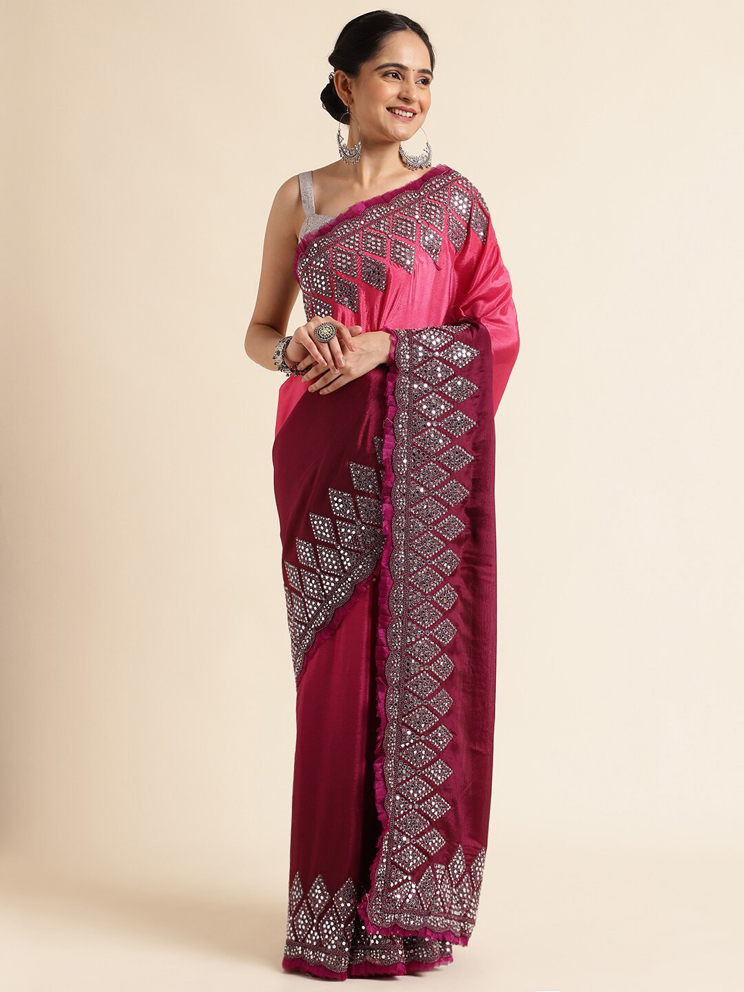 

FABMORA Mirror Work Pure Georgette Fusion Saree, Purple