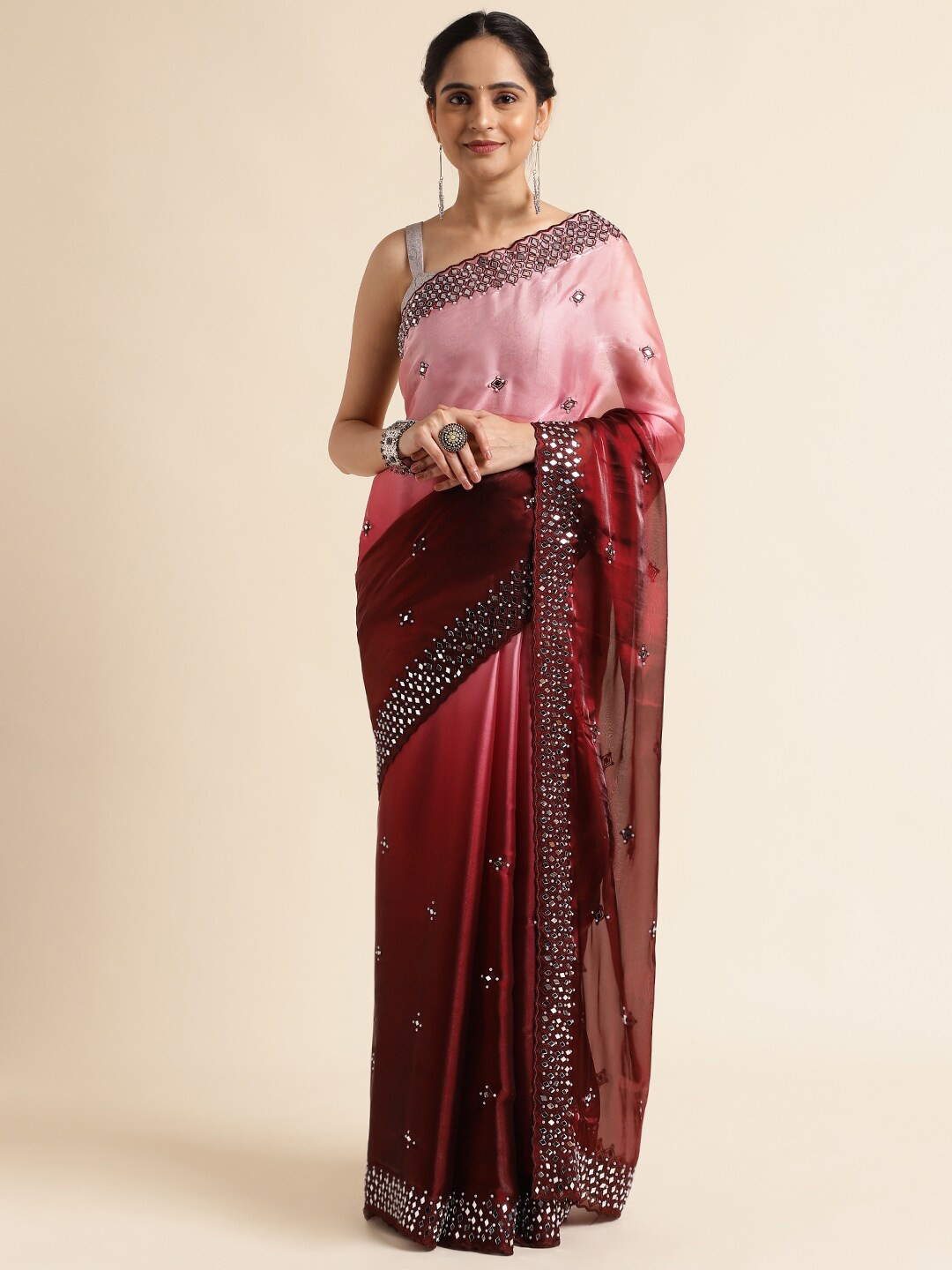 

FABMORA Floral Embroidered Organza Saree, Burgundy