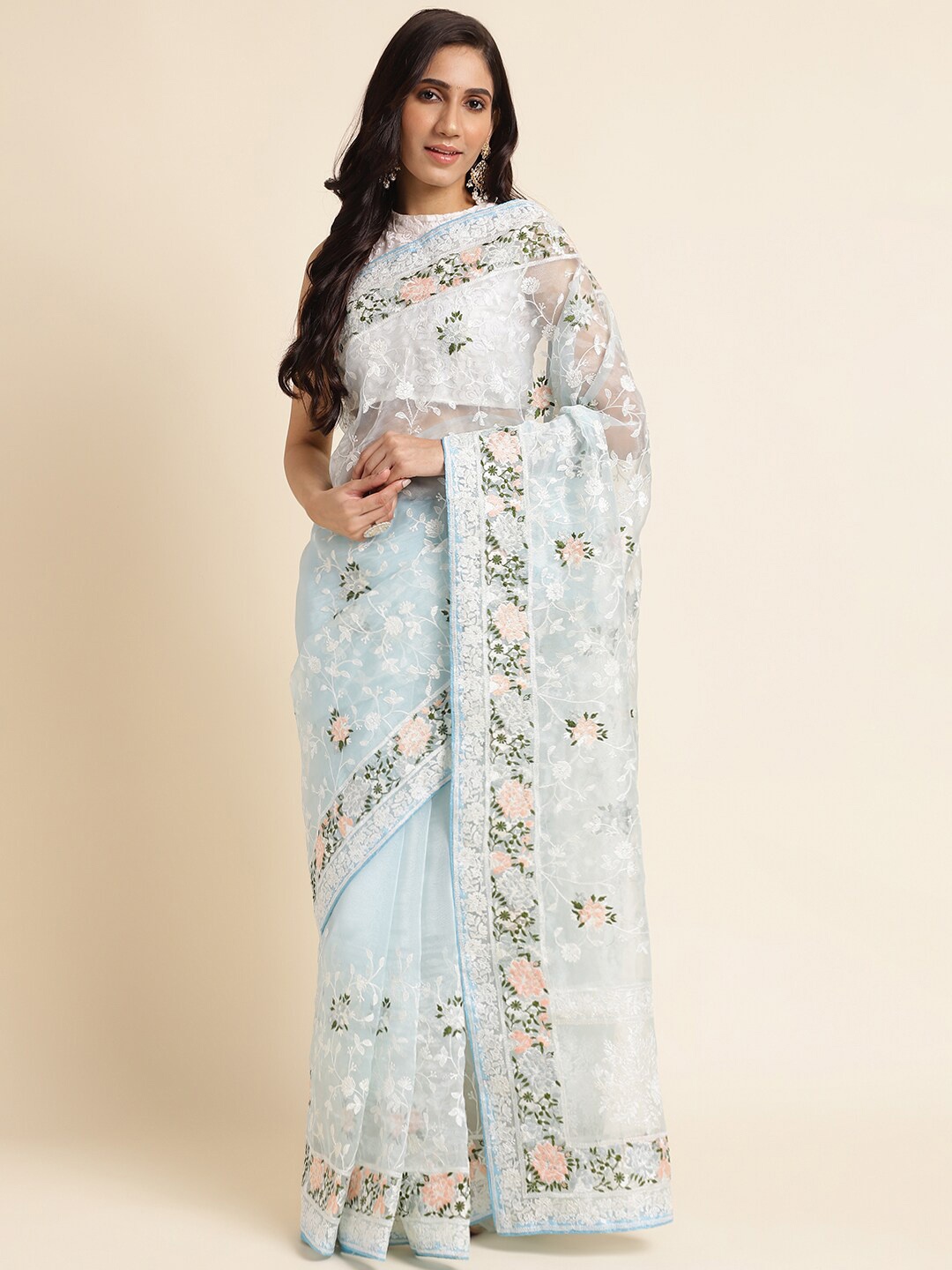 

FABMORA Floral Embroidered Organza Saree, Blue
