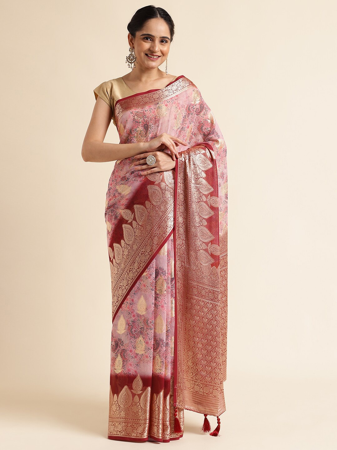 

FABMORA Woven Design Zari Pure Georgette Saree with Tassels, Maroon