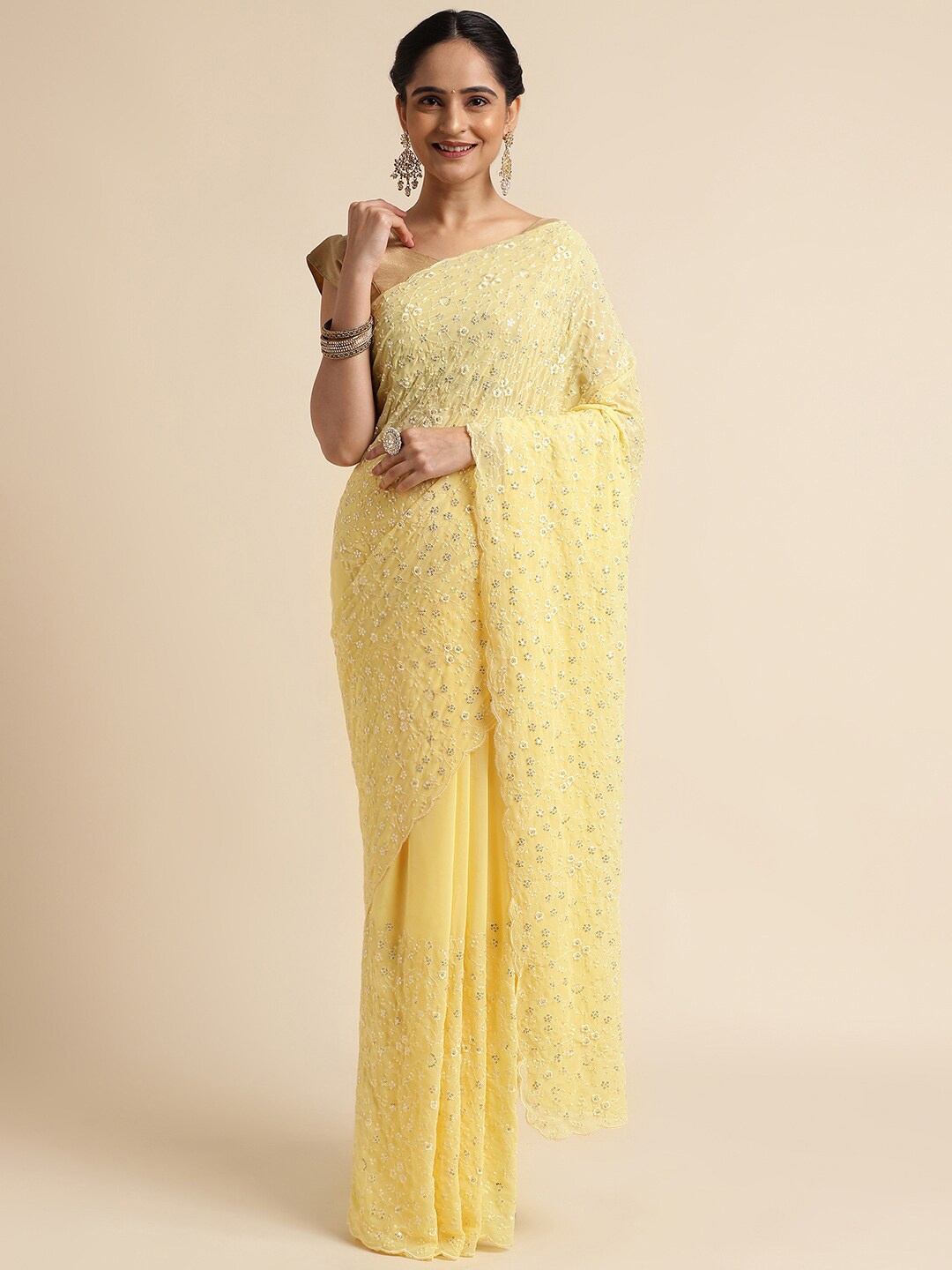 

FABMORA Floral Embroidered Pure Georgette Saree, Yellow