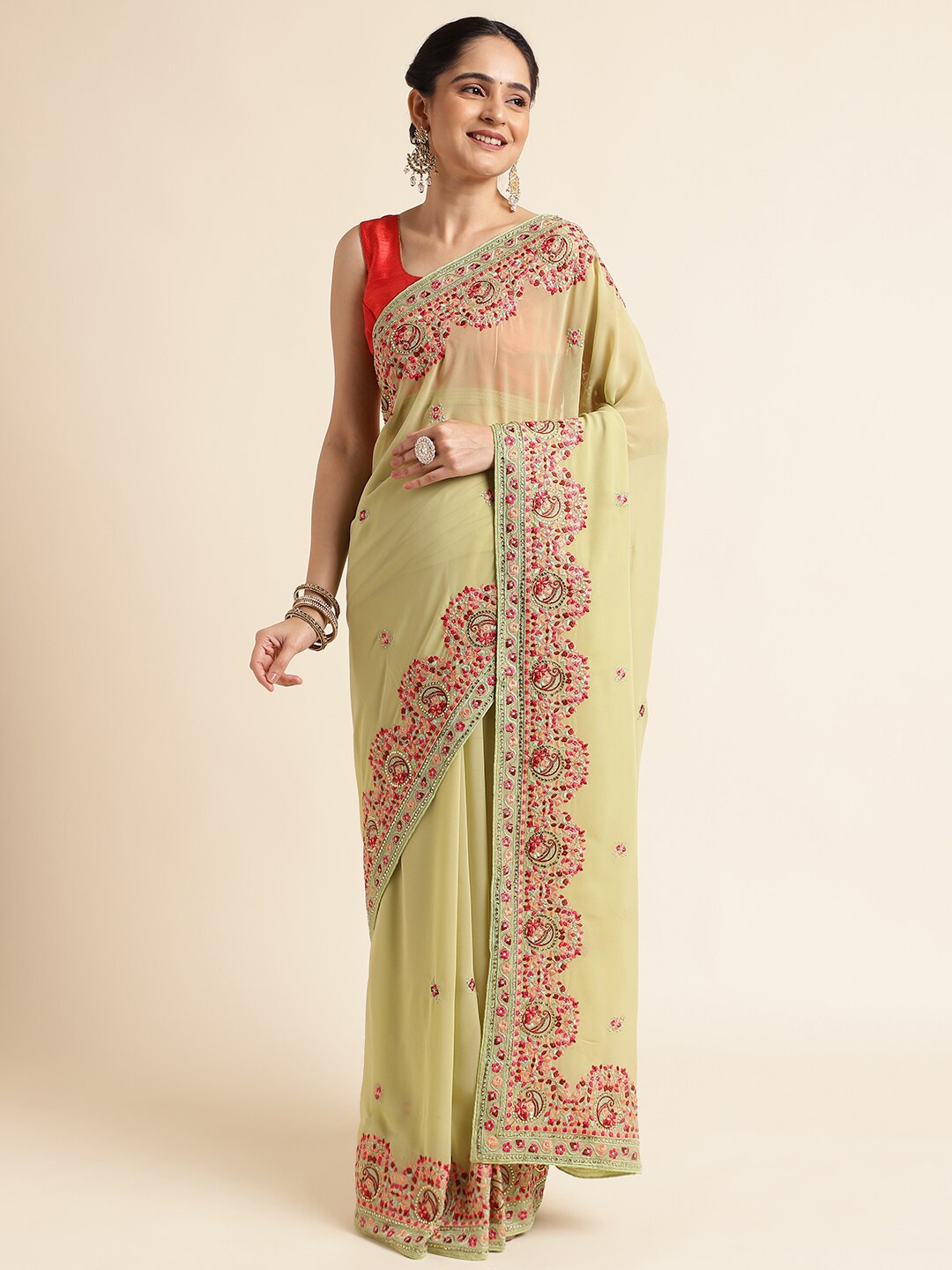 

FABMORA Ethnic Motifs Embroidered Pure Georgette Saree, Green