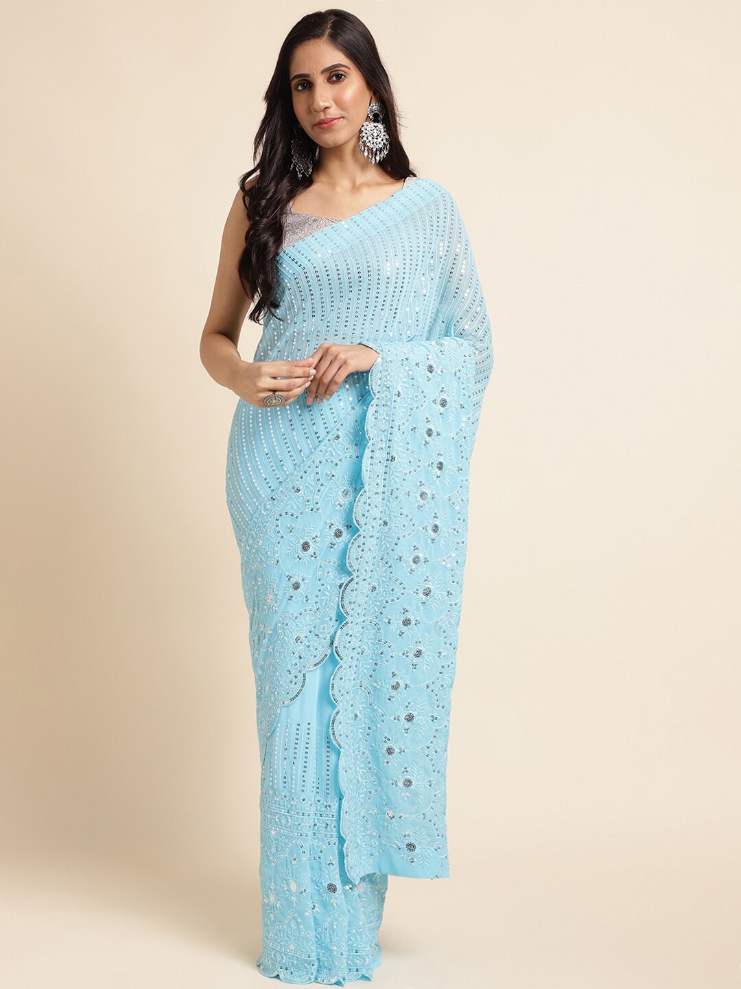 

FABMORA Striped Sequinned Pure Georgette Saree, Blue
