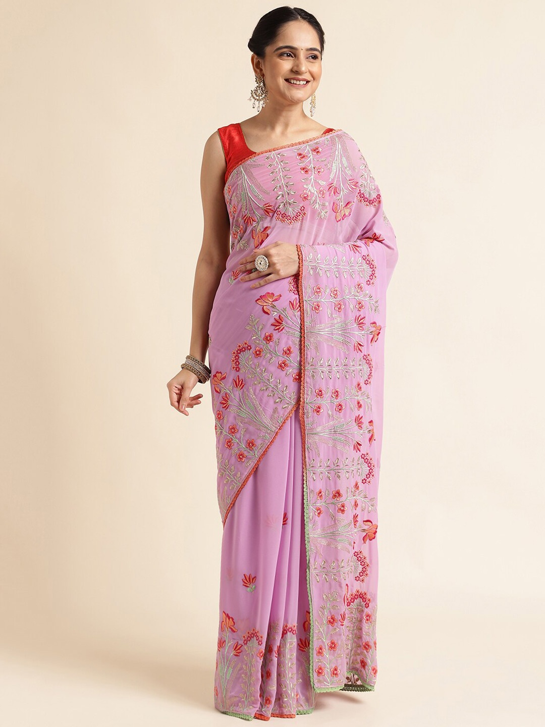 

FABMORA Ethnic Motifs Embroidered Pure Georgette Saree, Purple