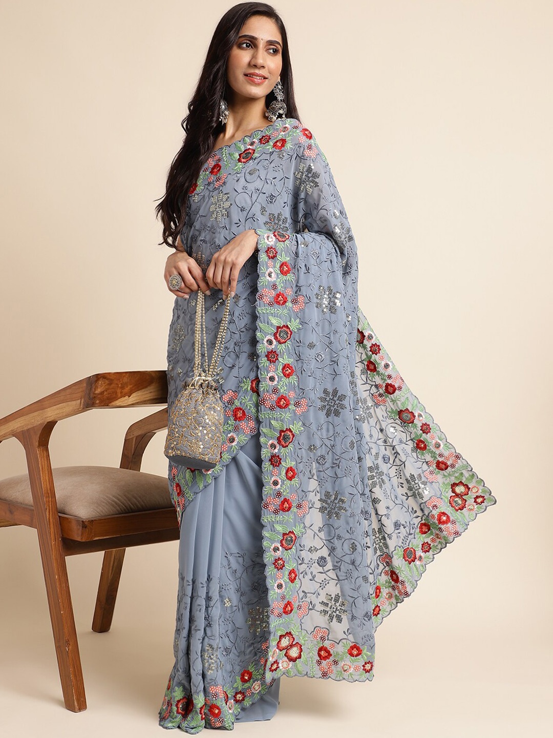 

FABMORA Ethnic Motifs Sequinned Saree, Blue