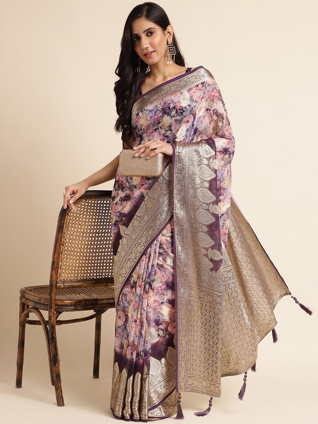 

FABMORA Floral Zari Pure Georgette Saree with Tassels, Purple