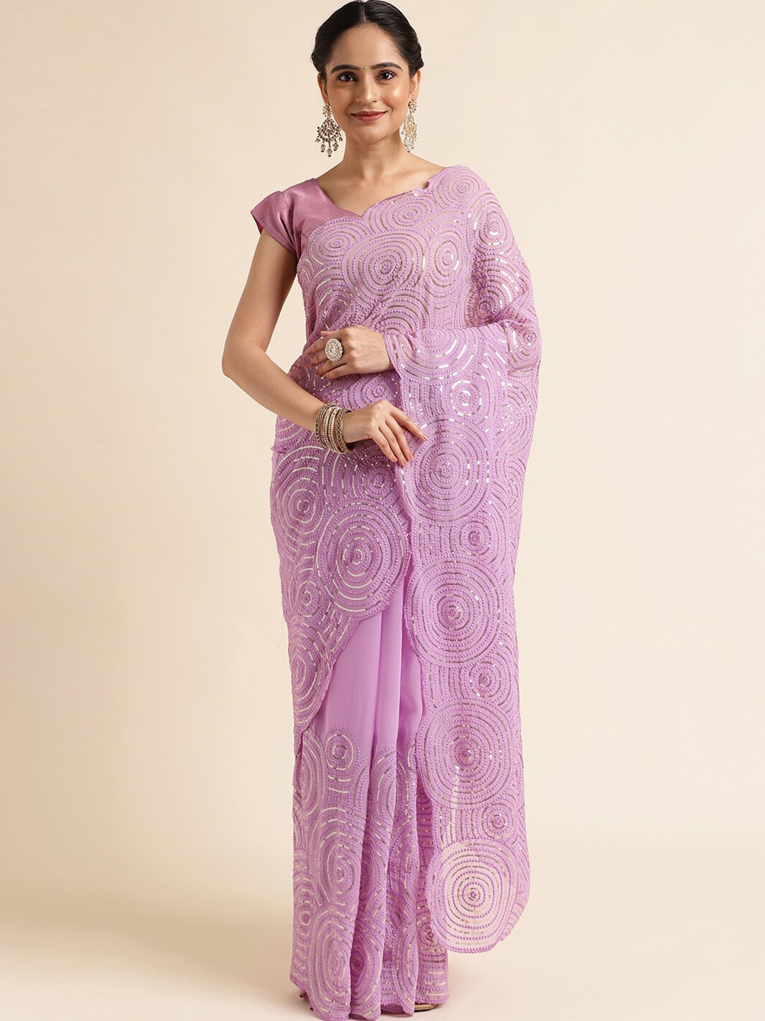 

FABMORA Sequinned Pure Georgette Saree, Pink