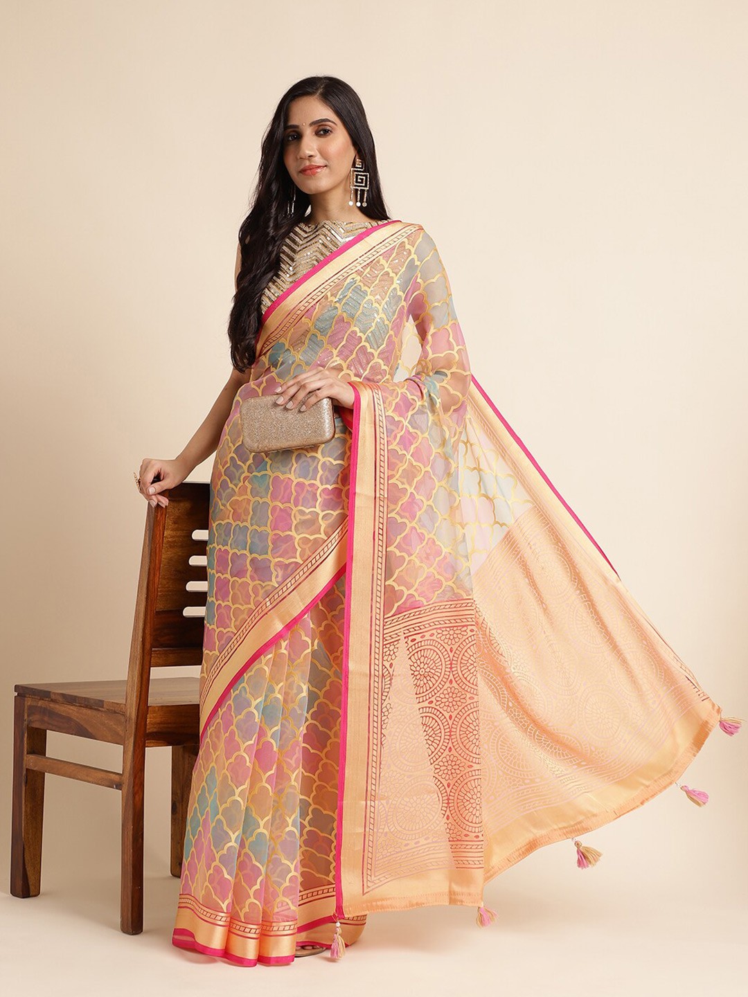 

FABMORA Zari Organza Saree with Tassels, Blue