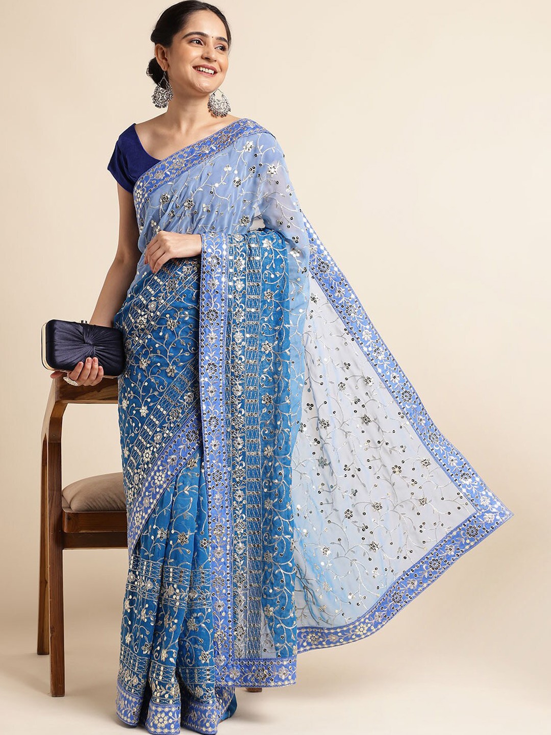 

FABMORA Ethnic Motifs Sequinned Pure Georgette Saree, Blue