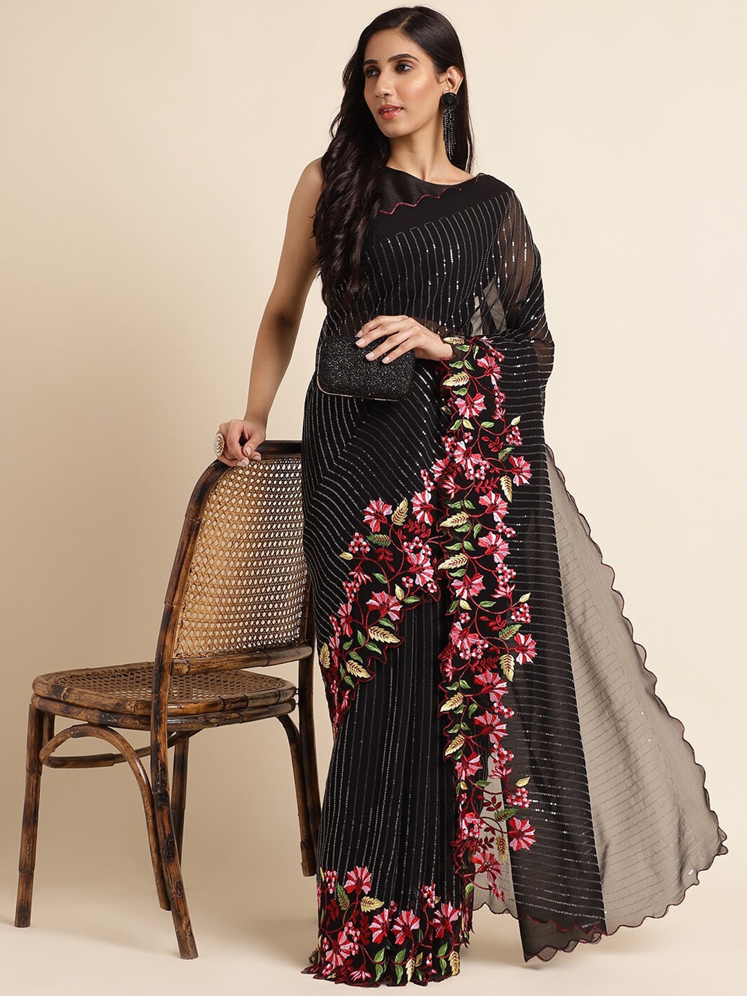 

FABMORA Striped Embroidered Pure Georgette Saree, Black