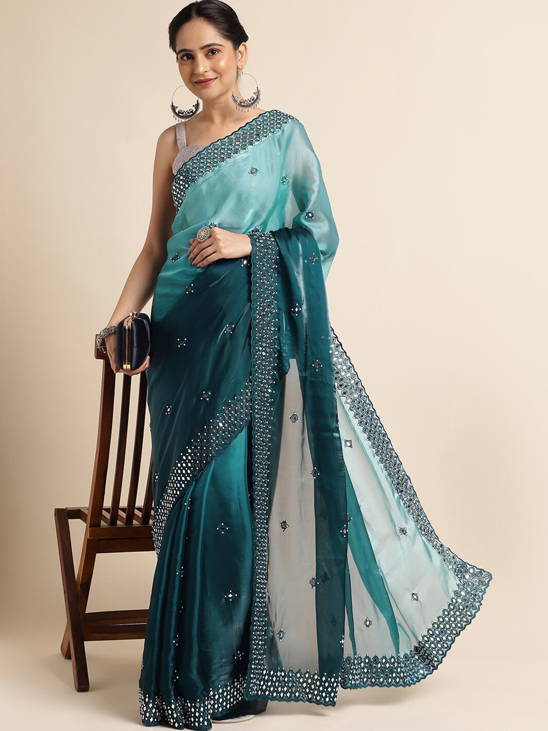 

FABMORA Ethnic Motifs Mirror Work Organza Saree, Blue