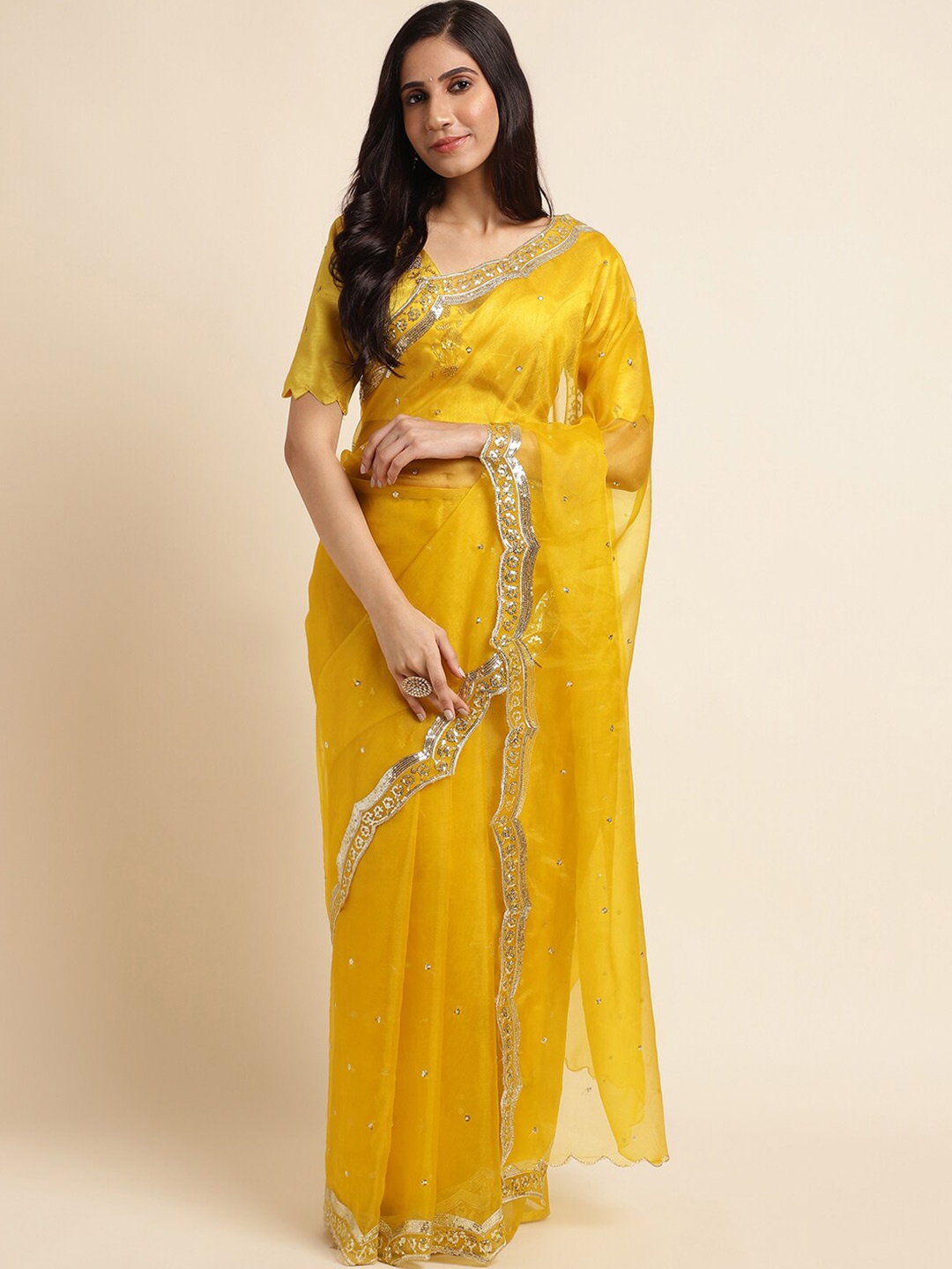 

FABMORA Ethnic Motifs Sequinned Organza Saree, Yellow