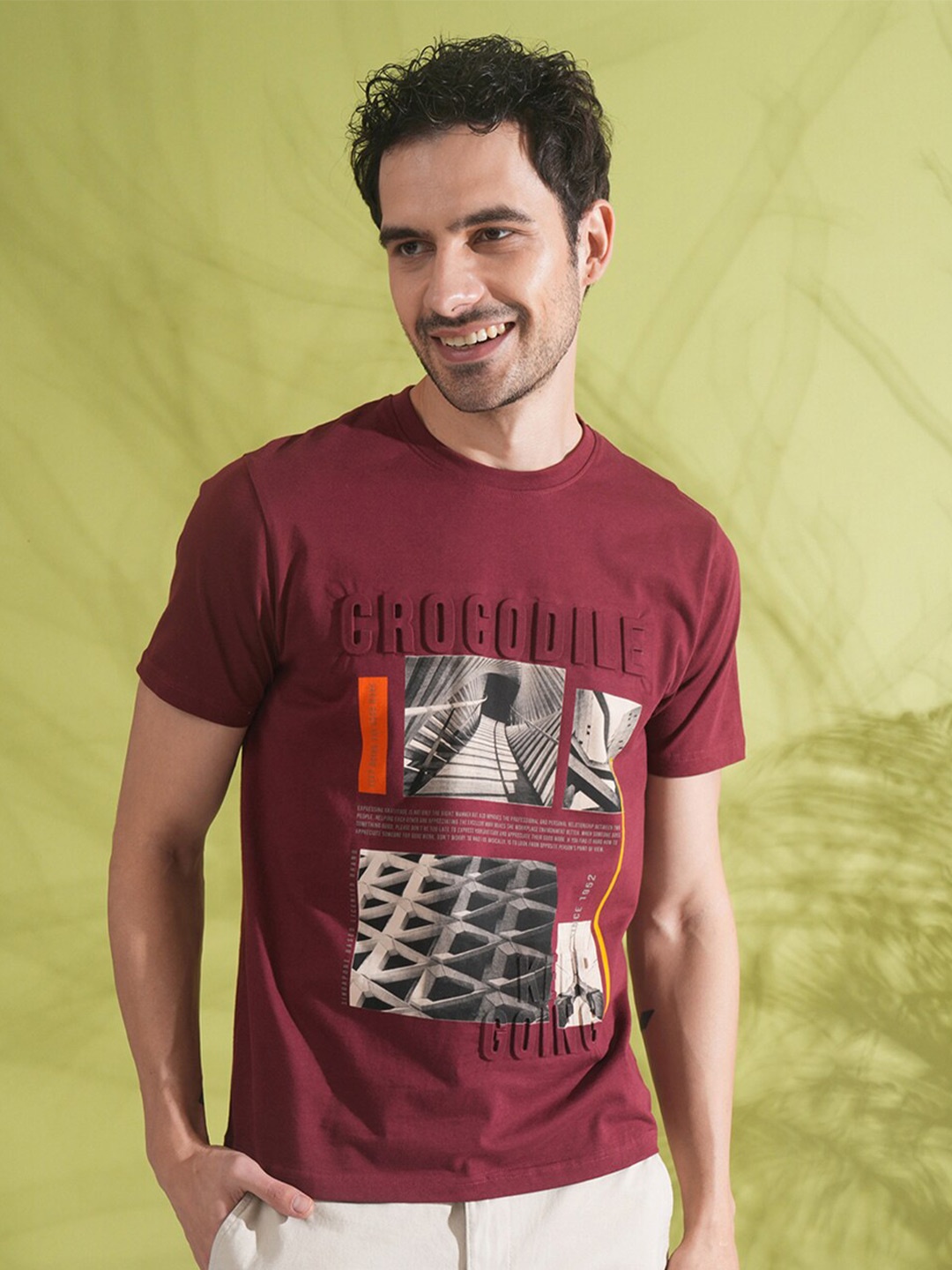 

Crocodile Graphic Printed Round Neck Cotton Slim Fit T-shirt, Maroon