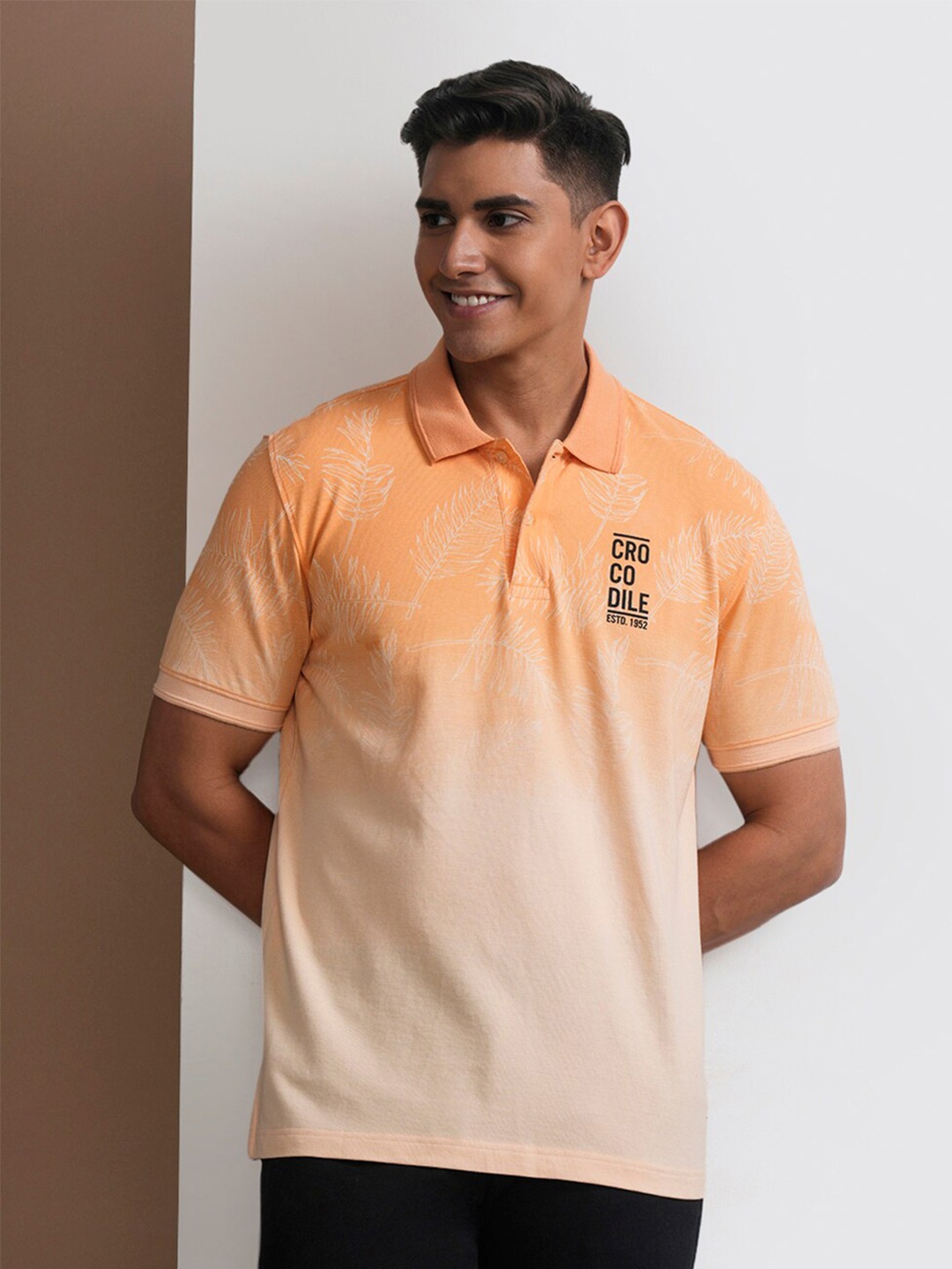 

Crocodile Floral Printed Polo Collar Cotton Slim Fit T-shirt, Orange
