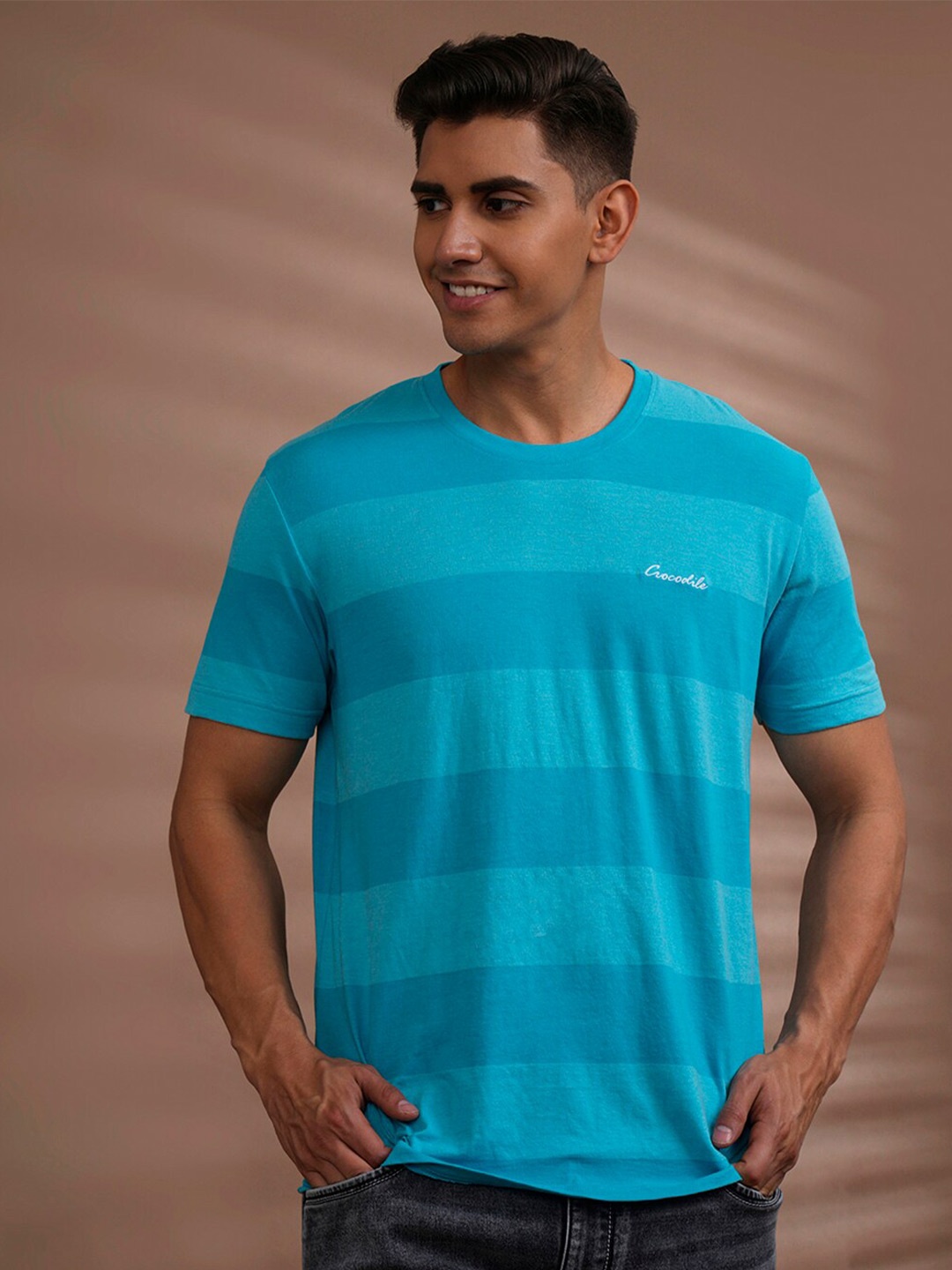 

Crocodile Striped Round Neck Cotton Slim Fit T-shirt, Turquoise blue